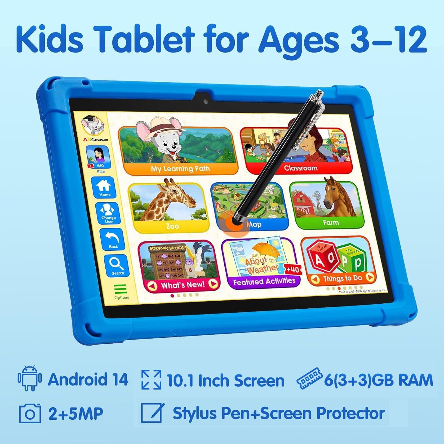 YYSWIE 10.1 in Kids Tablet Android 14 Educational Learning Device with Protective Case and Stylus (Blue, 32GB) nlzze