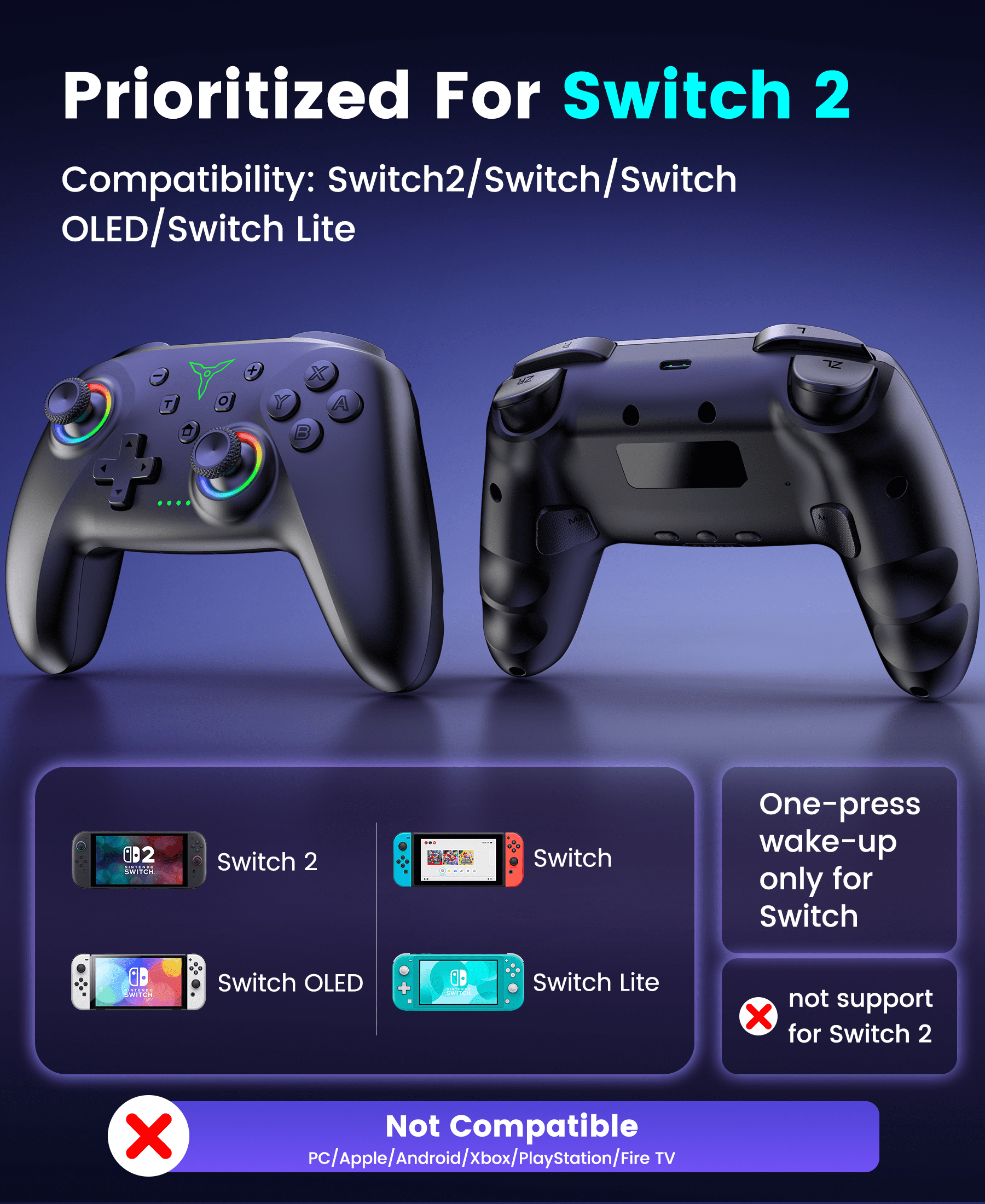 EUROA Pro Wireless Controller for Switch OLED/Lite/Switch 2, Hall-Effect Joysticks with Turbo & Vibration (Black) 4fd8h