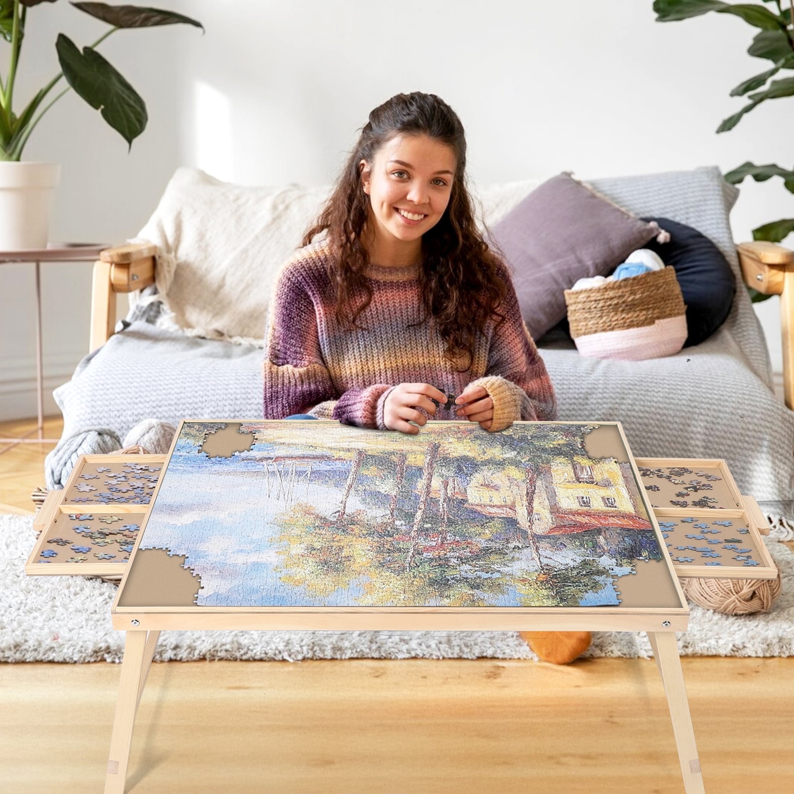 KALNUR Jigsaw Puzzle Board with Folding Legs and 2 Sliding Drawers (Natural Wood, 34 in x 26 in) 51zyj