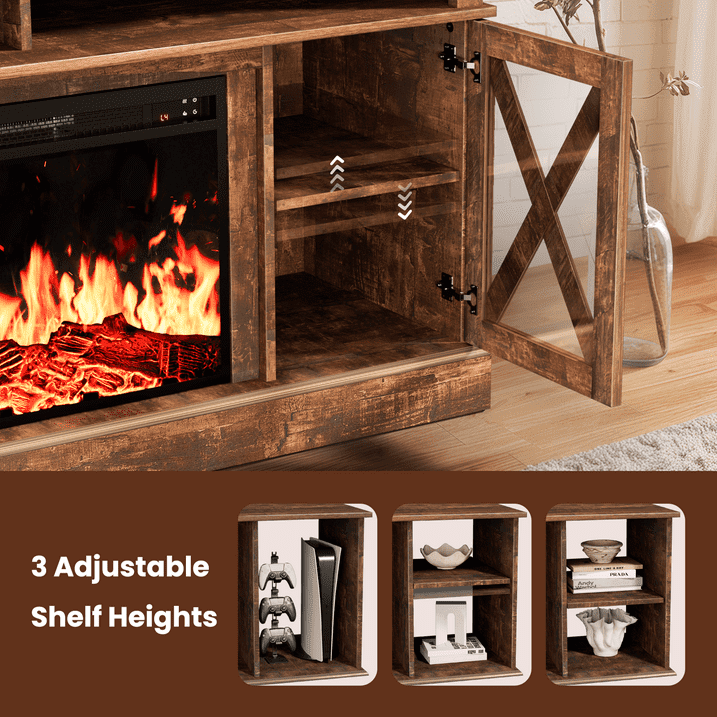 CHITOOMA Electric Fireplace TV Stand for 75 inch TVs Farmhouse Media Console (Vintage Brown, 23 in Fireplace) vppl5