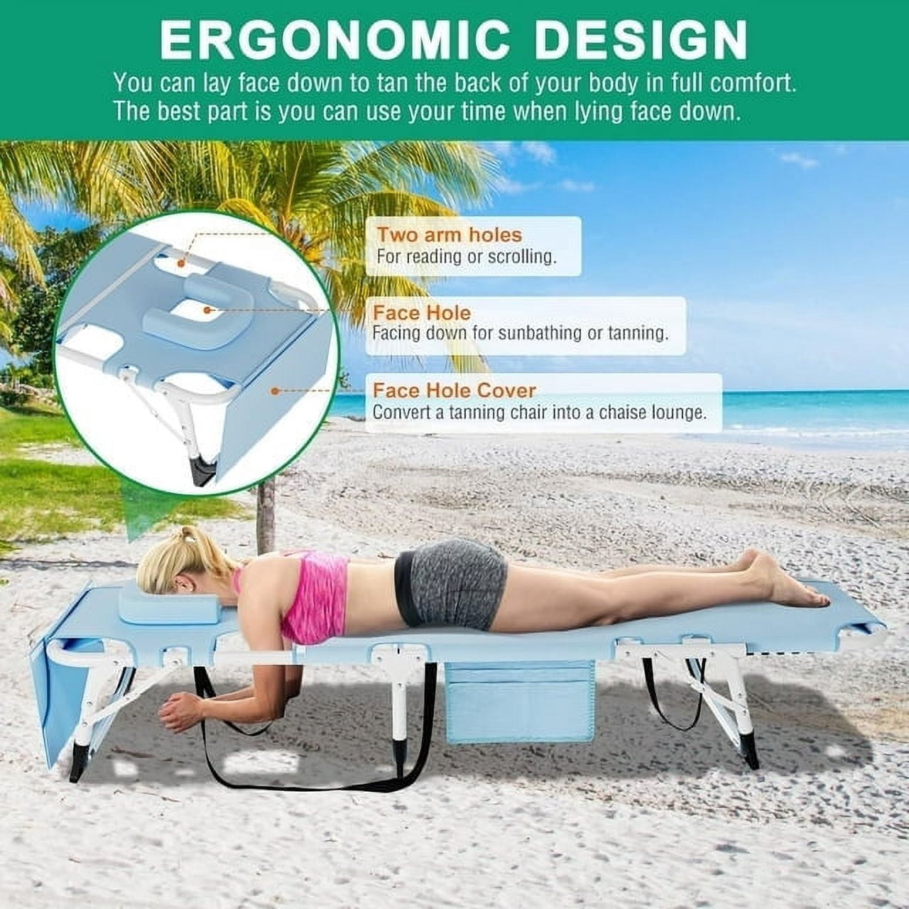 Lilypelle 3-in-1 Folding Sun Tanning Lounge Chair with Face Hole and 5 Adjustable Positions (Blue, 75.2 in x 25.6 in) 6vfq8