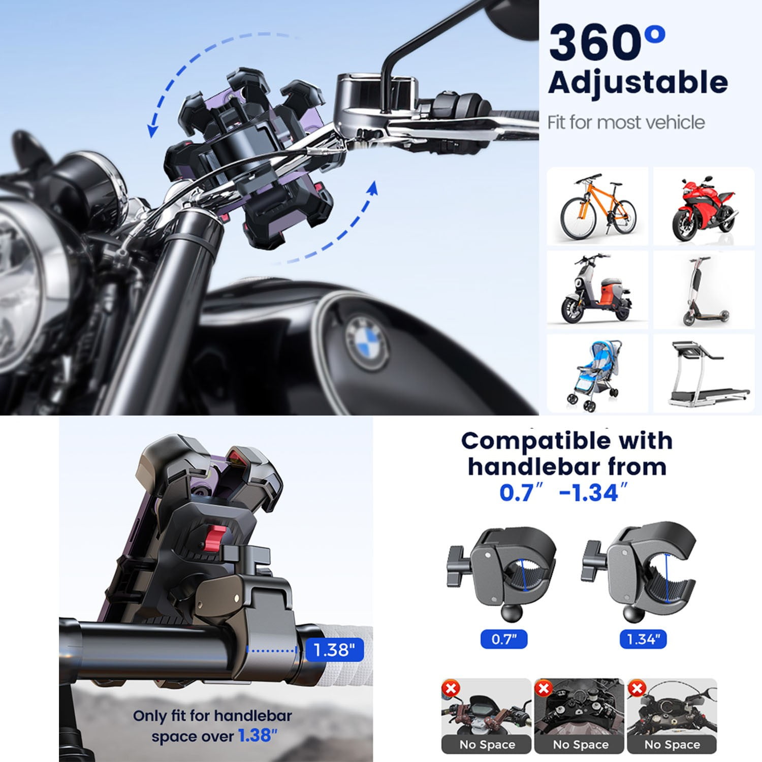 JOYROOM Motorcycle Phone Mount, Adjustable Handlebar Cell Phone Holder with Auto Lock (Black, 4.7 in to 7 in) kfjeb