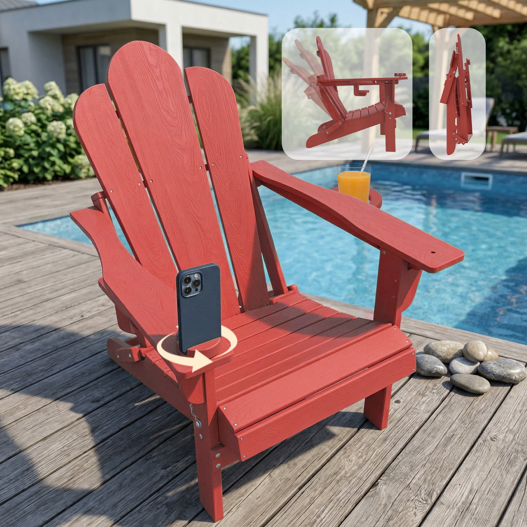 Tappio Folding Adirondack Chair All-Weather HDPE Outdoor Patio Chair with 3-Position Adjustable Backrest and Device Holder (Red) ttu2p