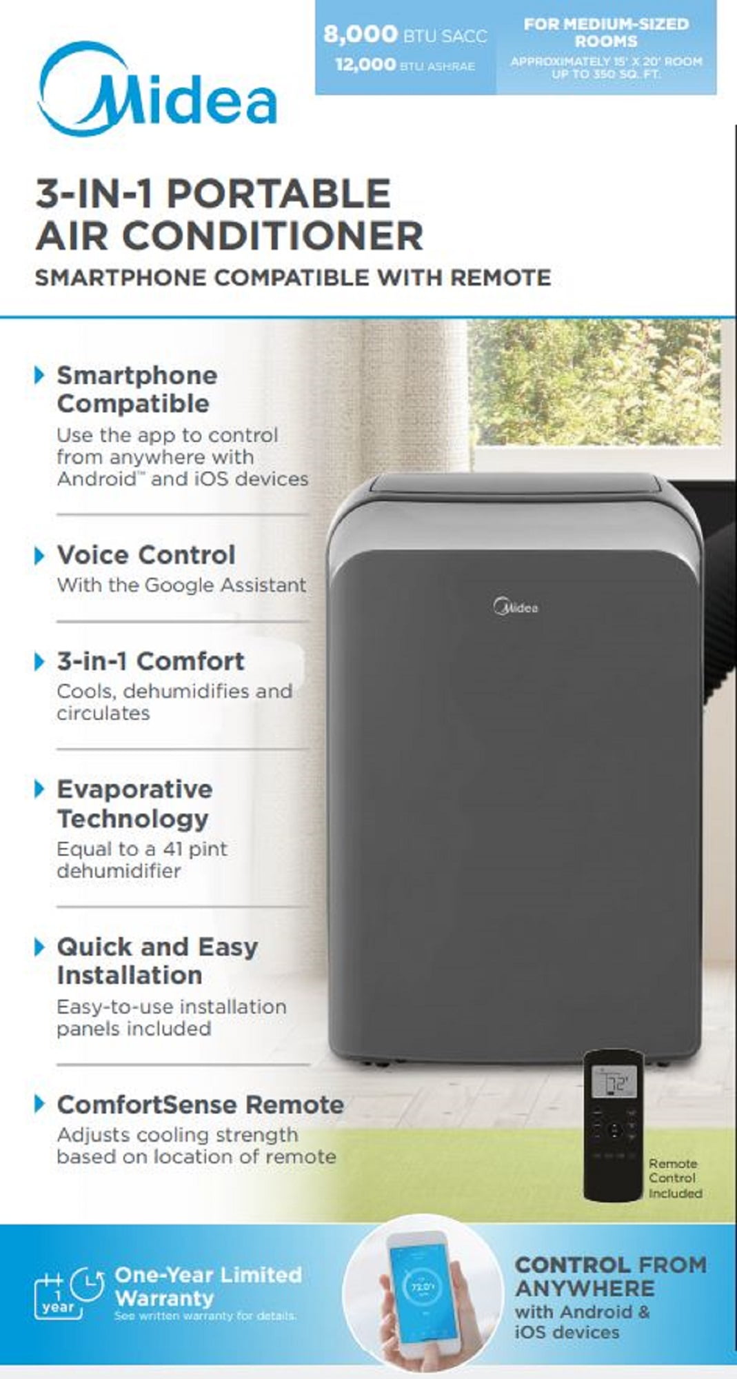 Midea 8,000 BTU Portable Air Conditioner, 3-In-1 Dehumidifier and Fan with Wi-Fi and Alexa (Gray, 350 sq. ft.) bq8h5