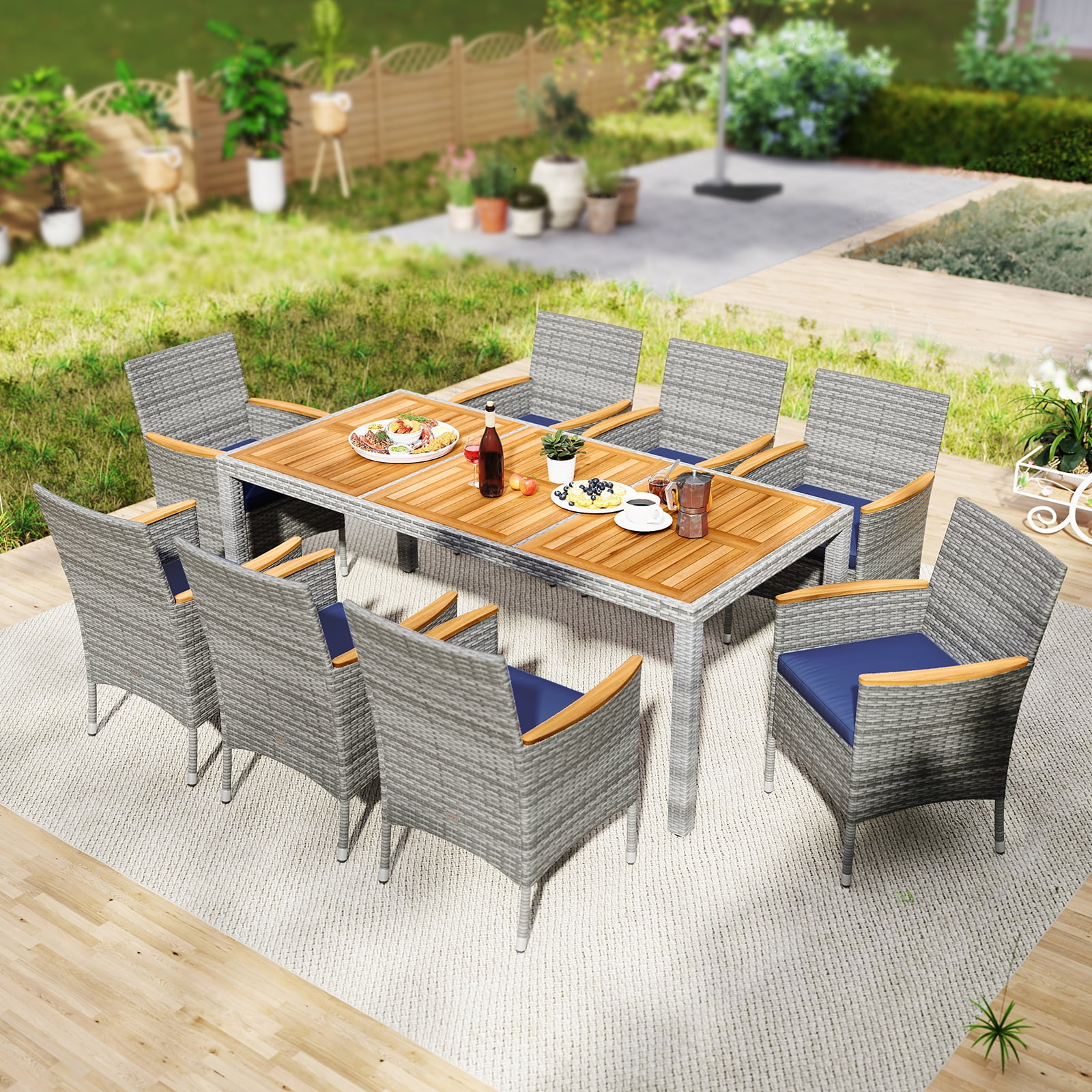 Gymax 9-Piece Patio PE Wicker Dining Set with Acacia Wood Table and Cushioned Chairs (Navy, 9-Piece Set) xmgz5