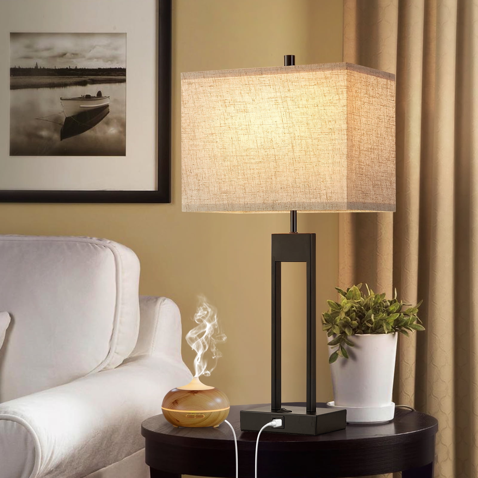 NATYSWAN Modern Table Lamps Set of 2, USB A+C Charging Ports, 3-Color Temperature LED, Fabric Shade (Black, 2 Pack) voyz6