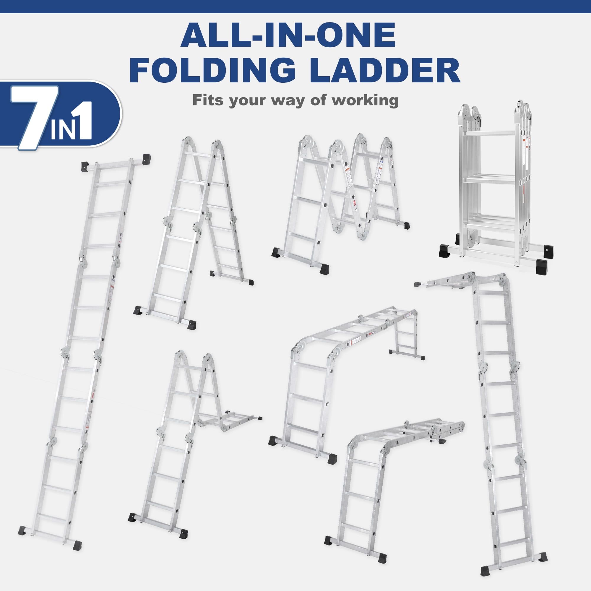 edx Multi-Purpose Folding Telescoping Ladder, Heavy-Duty Aluminum Alloy, Anti-Slip Design & Safety Lock System (White, 330 lb Capacity) 2gh0l
