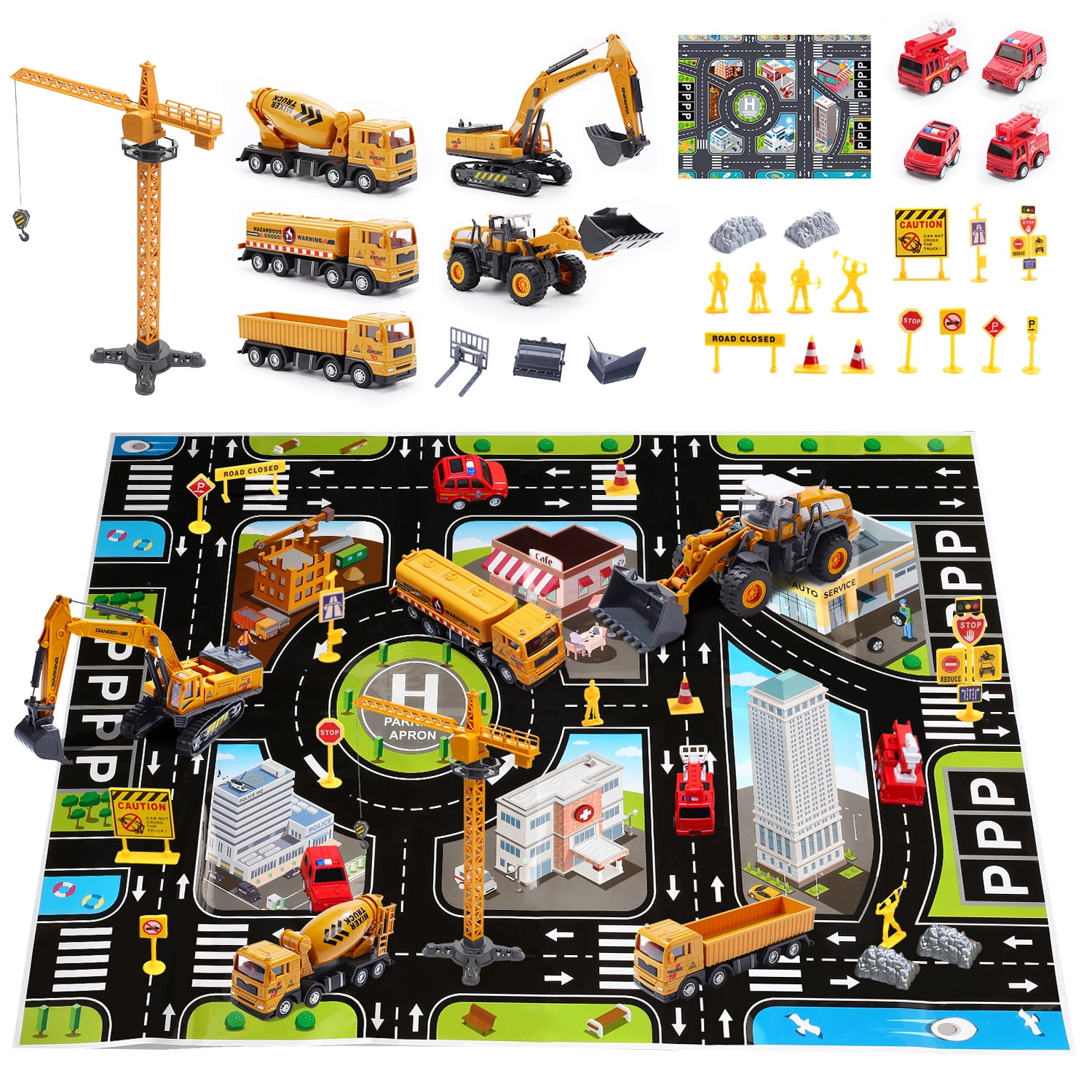 JoyStone Construction Vehicle Engineering Truck Playset with Playmat and Accessories (Yellow, 31.1 in Playmat) vmkha