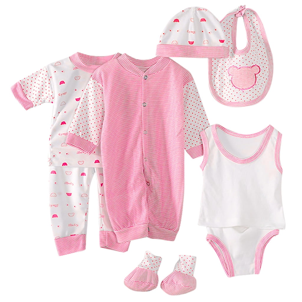 Odeerbi Newborn Baby Layette Set 8-Piece Cotton Outfit with Romper and Accessories (Pink, 0-3 Months) 71kcr