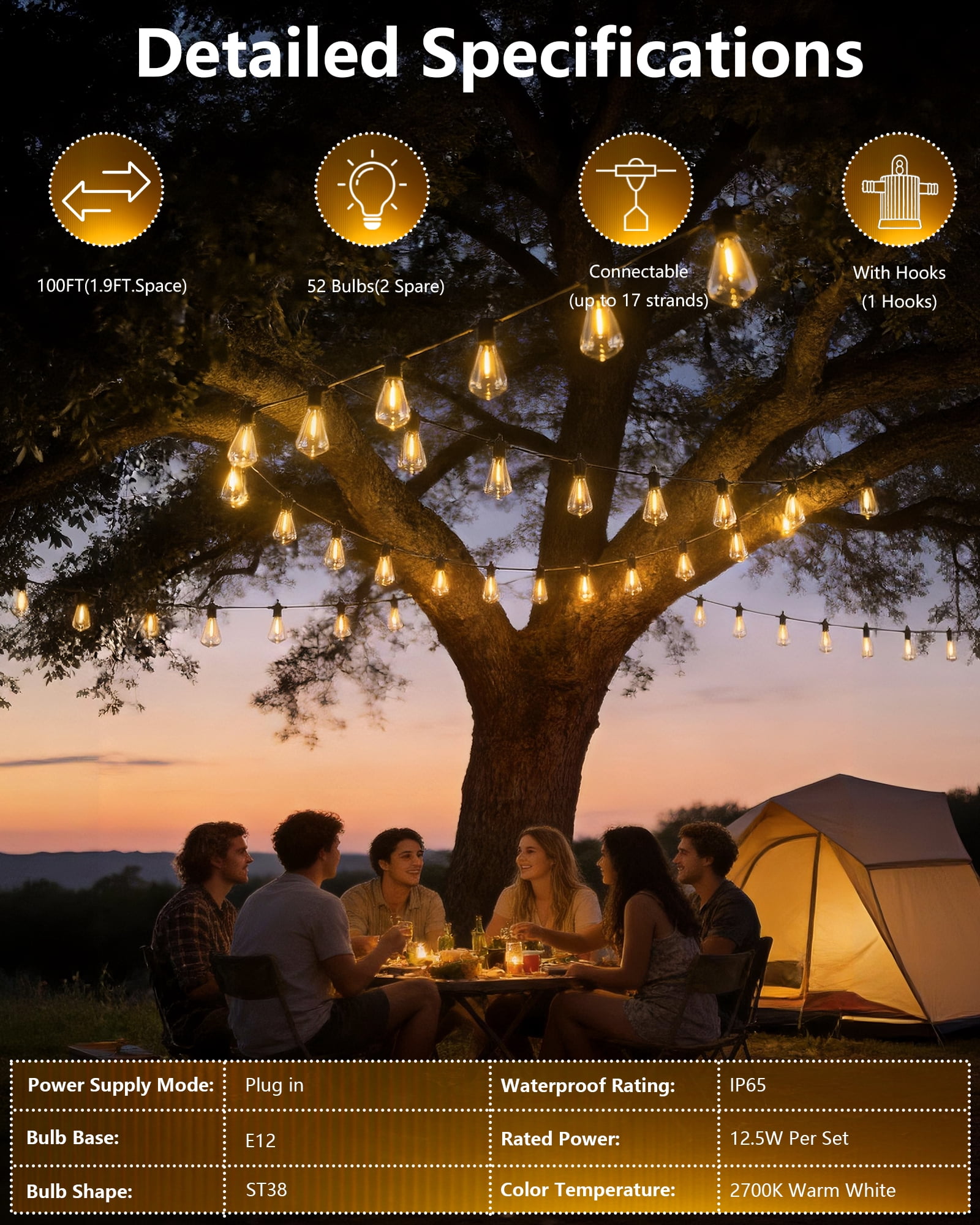 Beatineon LED Outdoor String Lights, Waterproof Patio Hanging Lights with 52 Edison Bulbs (100 ft) 3y80r