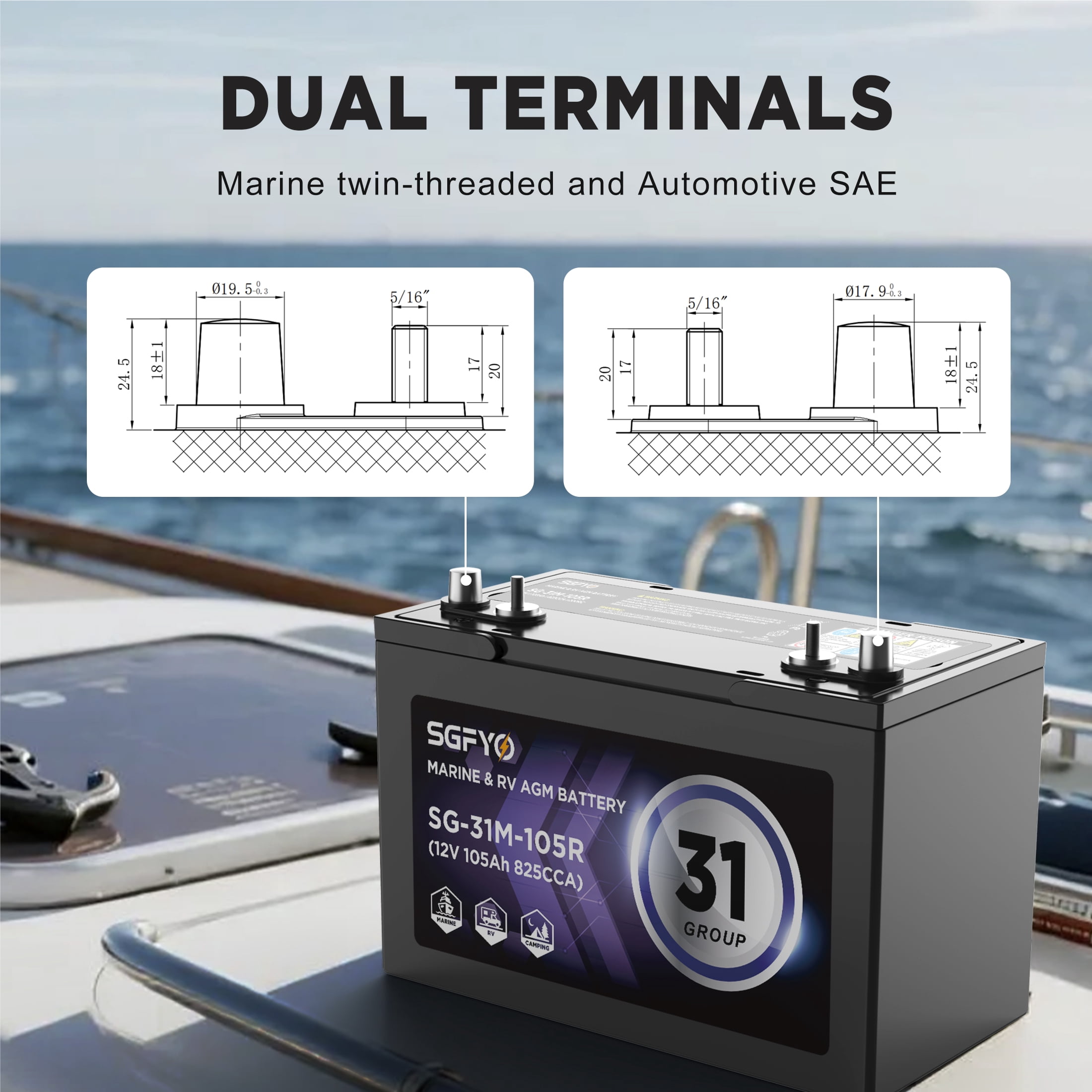SGFYO Group Size 31M Dual Purpose AGM Battery for Marine and RV (12V 105Ah 825CCA) sy8nd