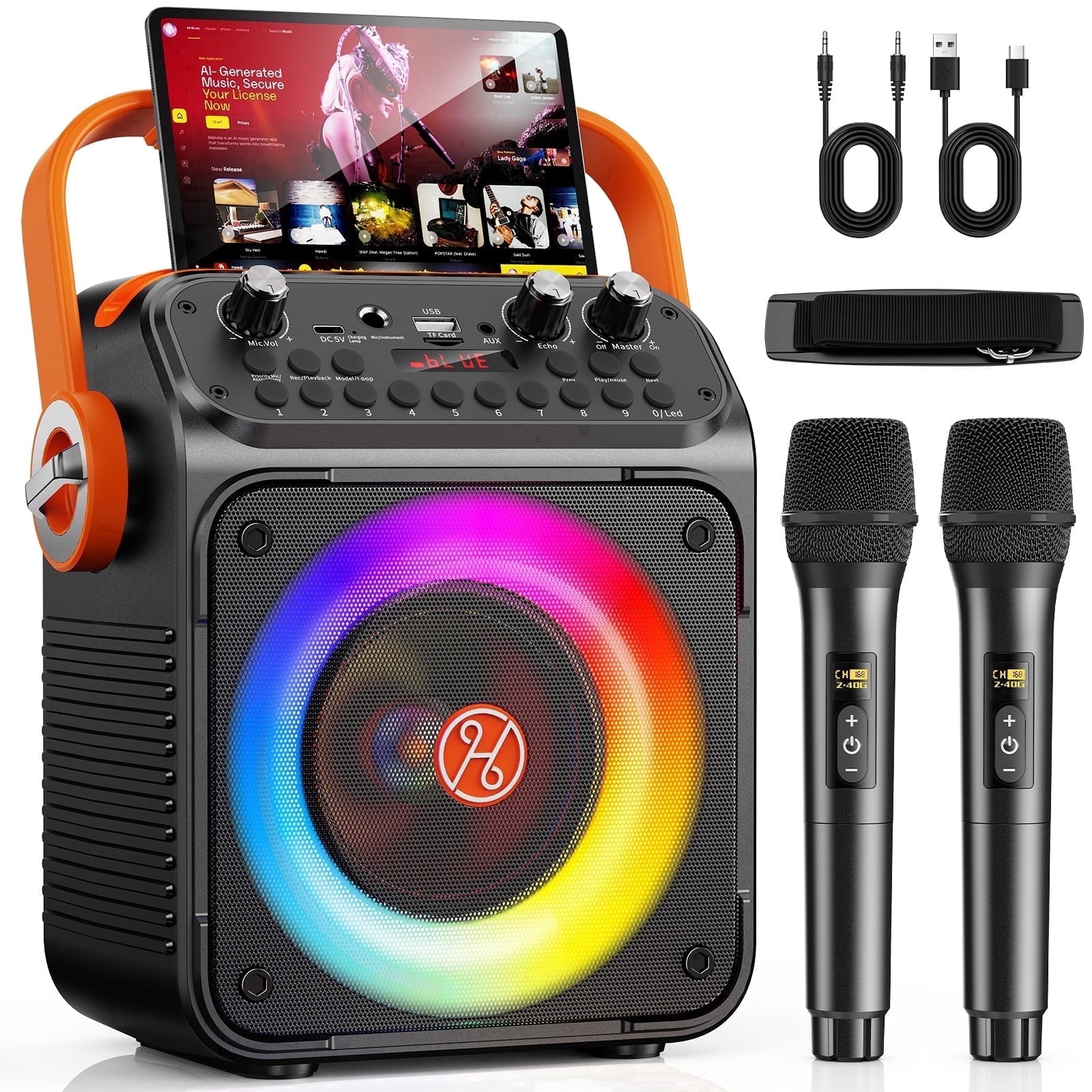 JAUYXIAN Portable Karaoke Machine with 2 Wireless Microphones, Bluetooth Speaker and LED Party Lights (Black, 4.6 lb) jkp9a