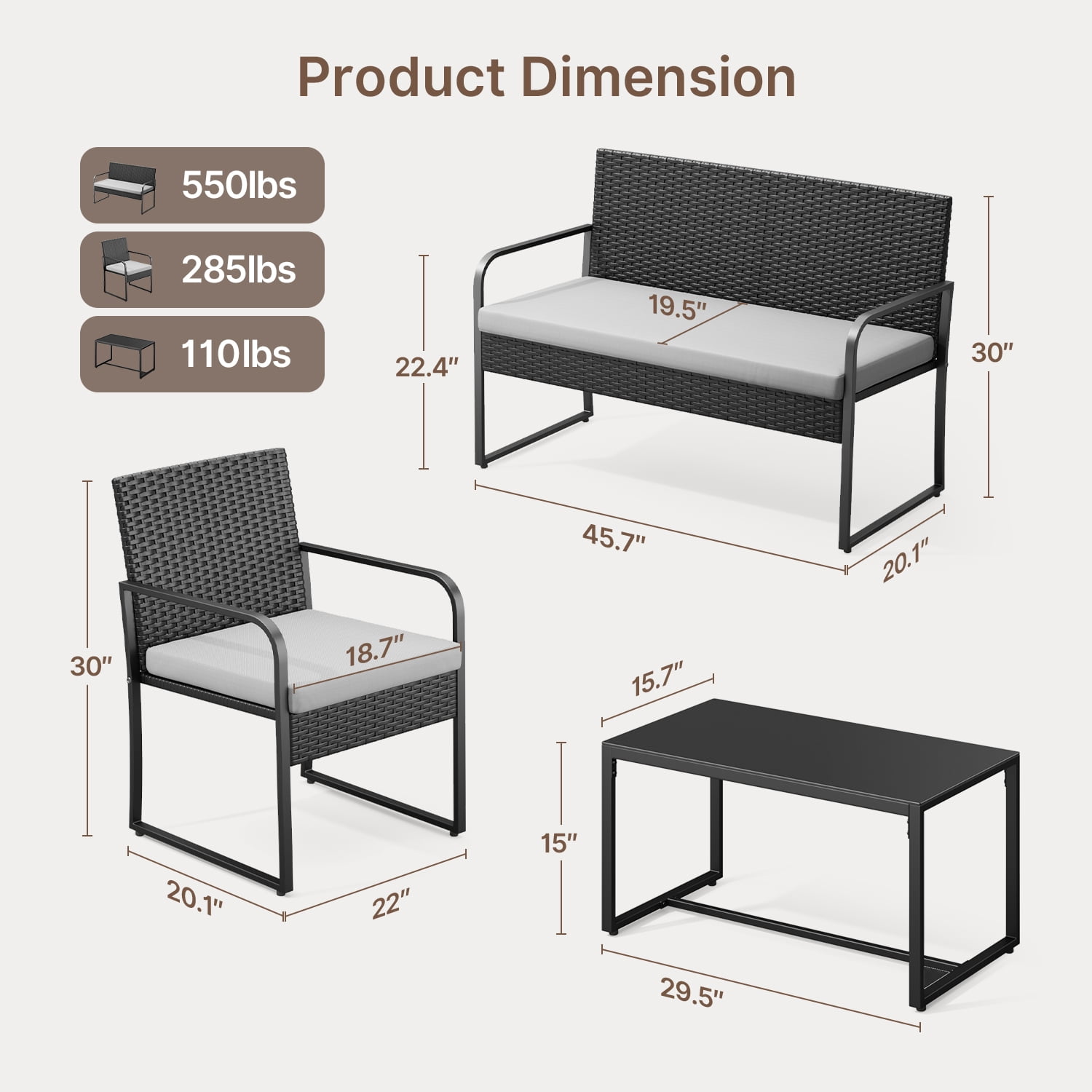 Aiho 4-Piece Patio Furniture Set All-Weather Steel Outdoor Seating with Tempered Glass Coffee Table (Dark Grey, 4-Piece) yiqm9