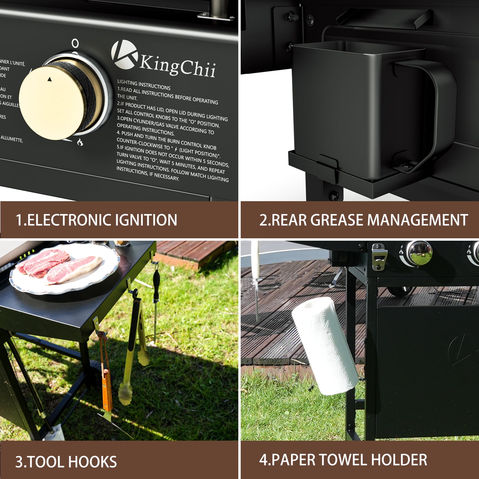 KingChii 3-Burner Propane Griddle Outdoor Flat Top Gas Grill with Side Shelves (Black, 27 in) w1gqf