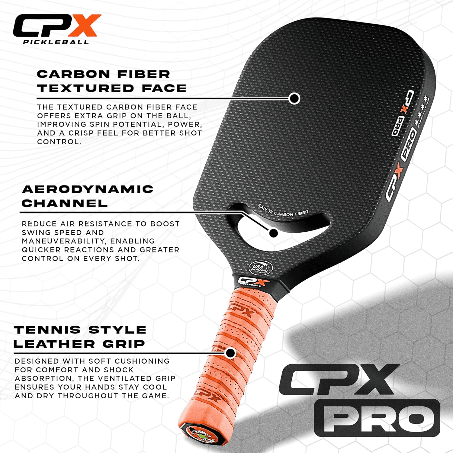 CPX Pickleball Pro Carbon Fiber Paddle (Black, 19mm Honeycomb Core) njp89