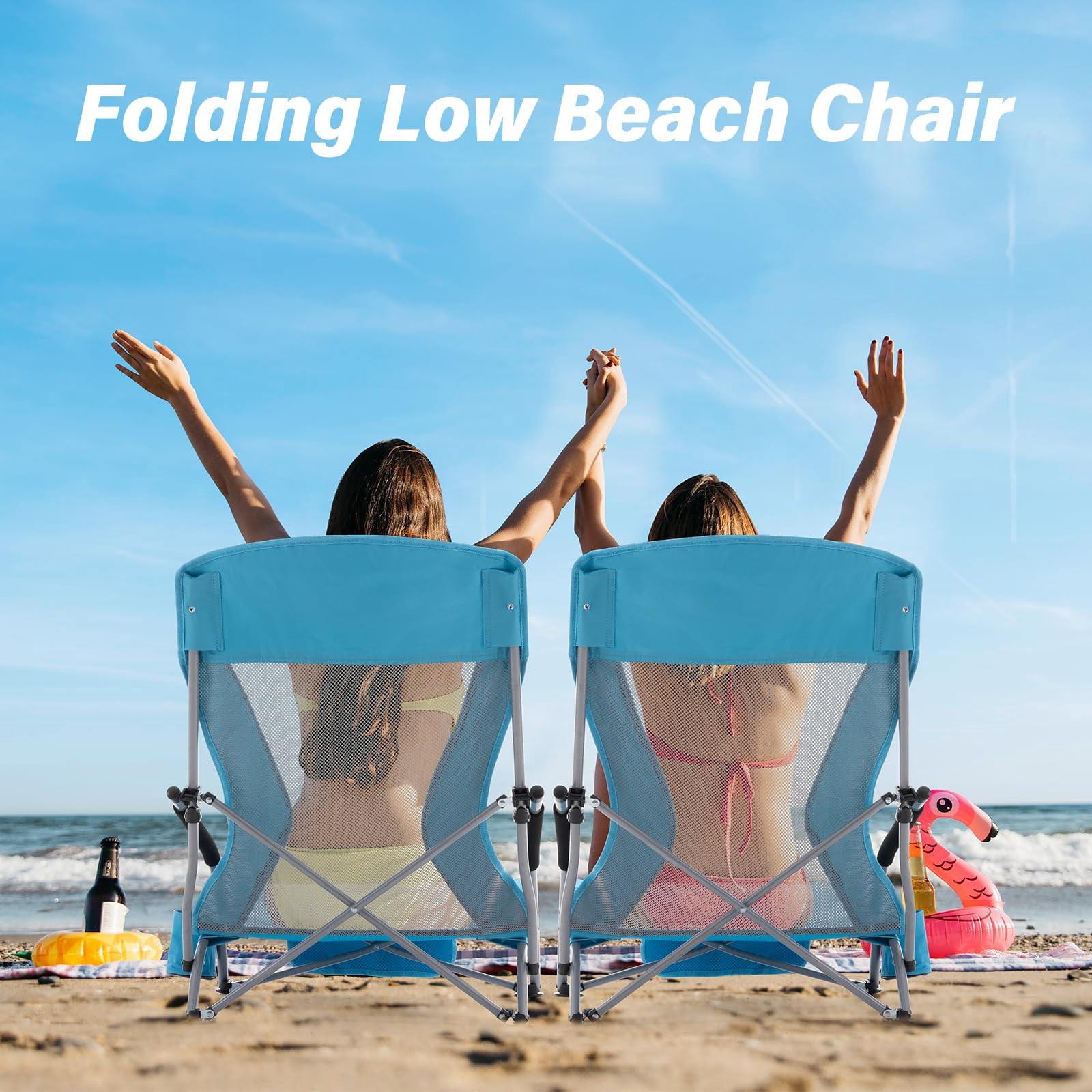 Umineux Folding Beach Chair for Adults, Portable Lightweight Outdoor Seat with Cup Holder (Light Blue, 22 in x 19.7 in x 27.5 in) tuui1