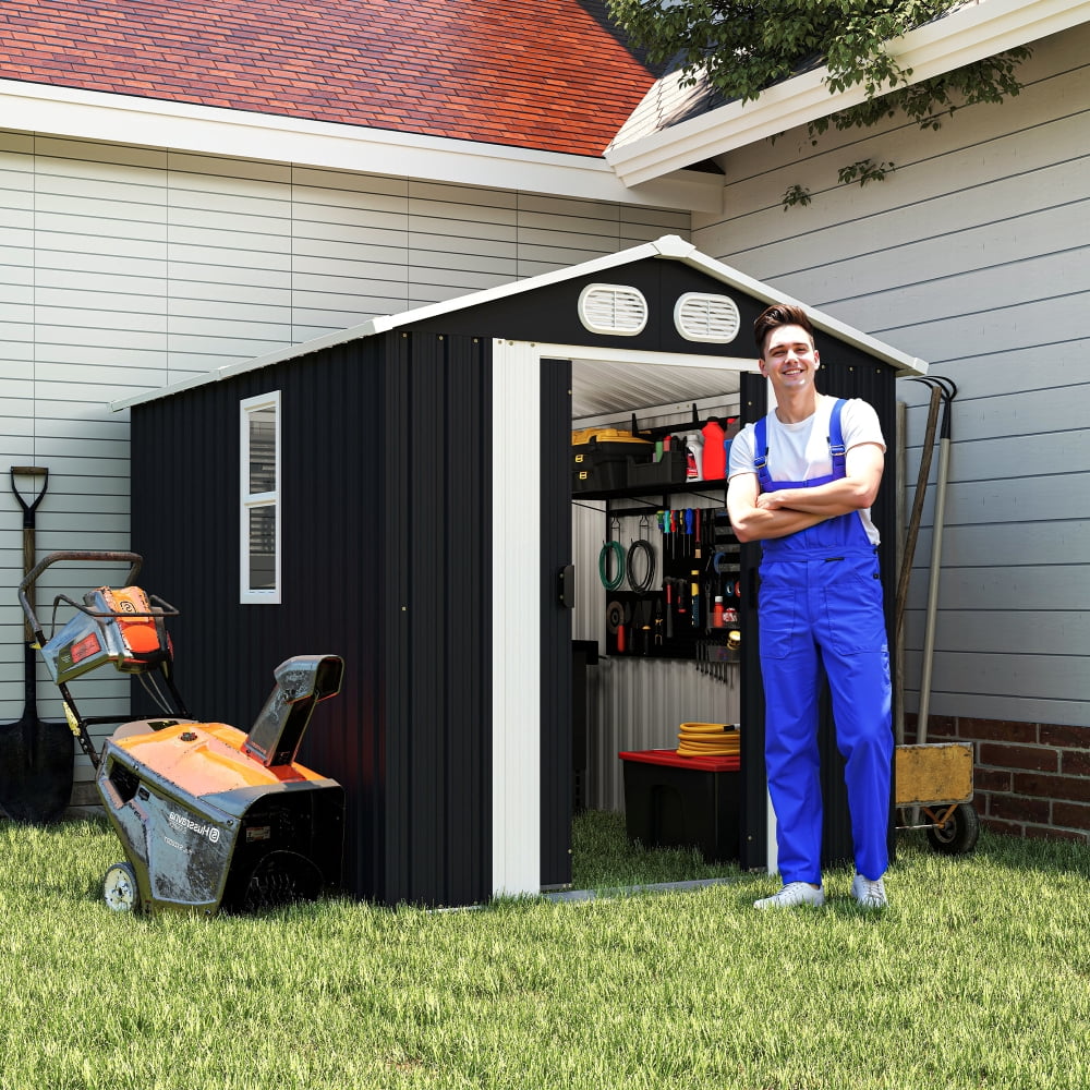Generic Metal Storage Shed Outdoor Garden Tool House with Lockable Doors and Air Vents (Grey, 8x6 ft) nbo5r