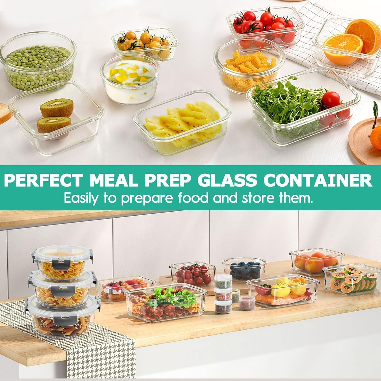 Taimasi Glass Food Storage Containers Set, Airtight Meal Prep Containers with Locking Lids (34 Piece Set, Grey) f3pkm