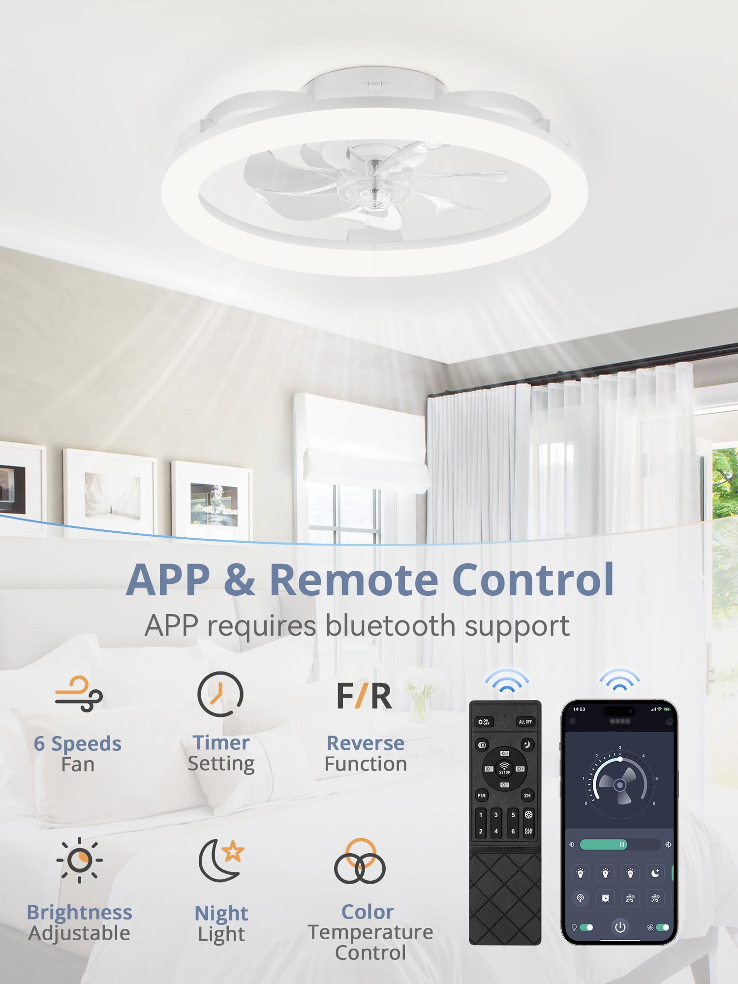Lokivas 20 in Modern LED Ceiling Fan with Lights, Remote & APP Control, 6-Speed Reversible (White, 20 in) zhtt2
