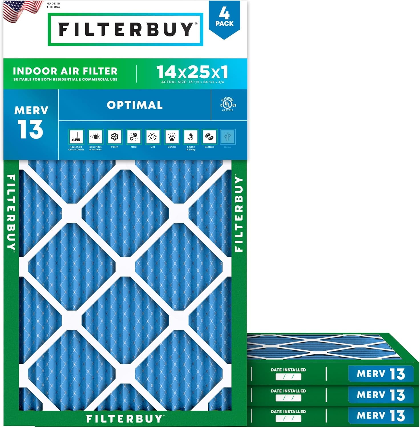 Filterbuy 14x25x1 Air Filter MERV 13 Smoke Defense, Pleated HVAC AC Furnace Replacement (4-Pack) pkf4a