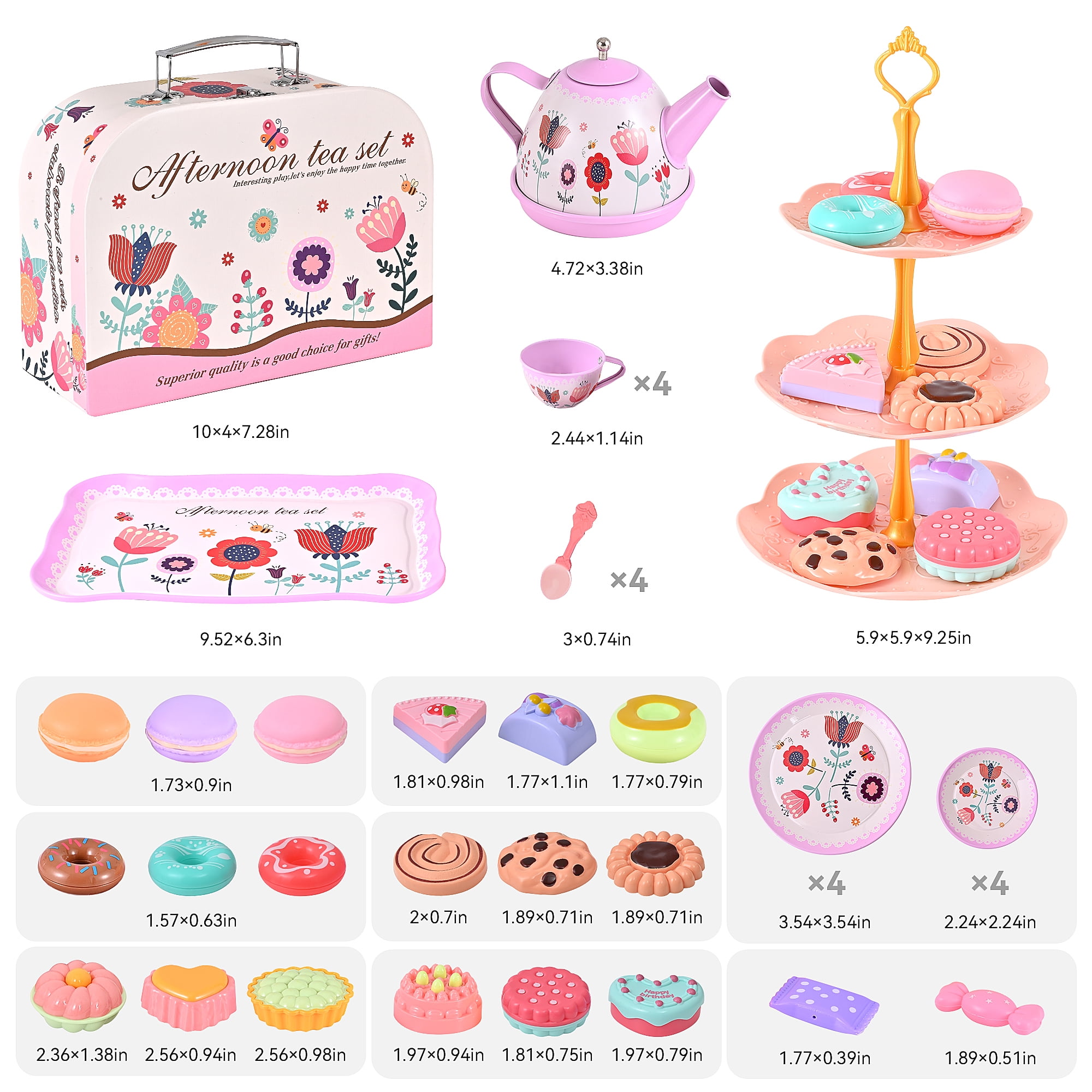 TOPFOX 45-Piece Princess Tea Party Set, Pretend Play Kitchen Toy with Tin Teapot, Cups, Plates, and Carrying Case (Pink, 45-Piece Set) e9om7