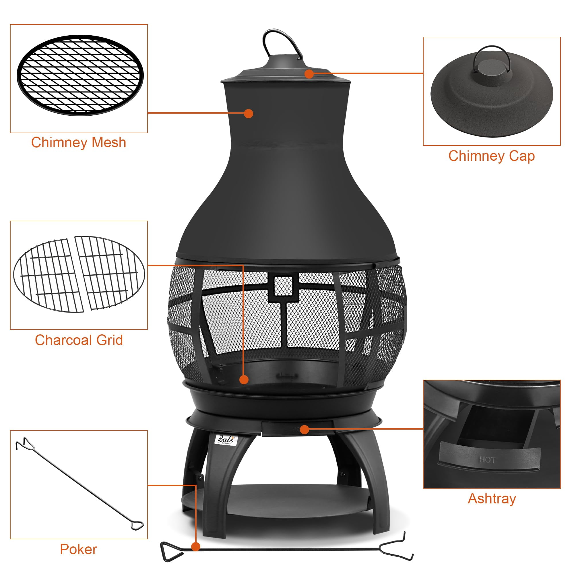 Bali Outdoors Wood Burning Chiminea Fire Pit for Patio and Backyard (Black, 17.7 in x 35.5 in) 0y8yv