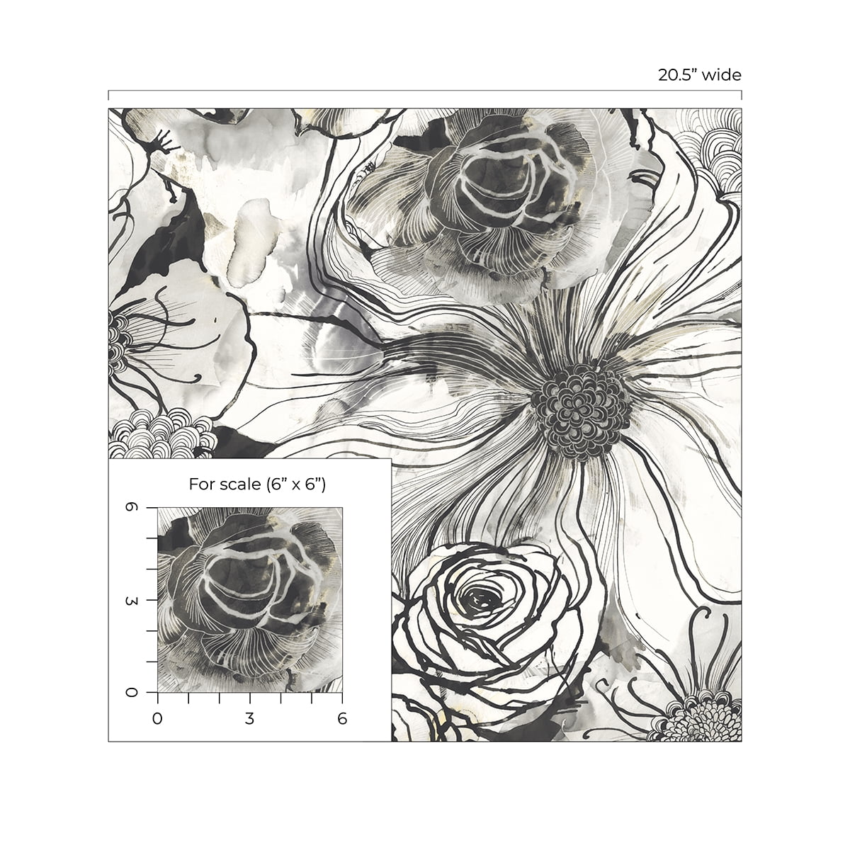 Harry & Grace Peel and Stick Wallpaper Floral Ink Rose Removable Wall Decor (Onyx, 20.5 in. W x 18 ft. L) w6ag1