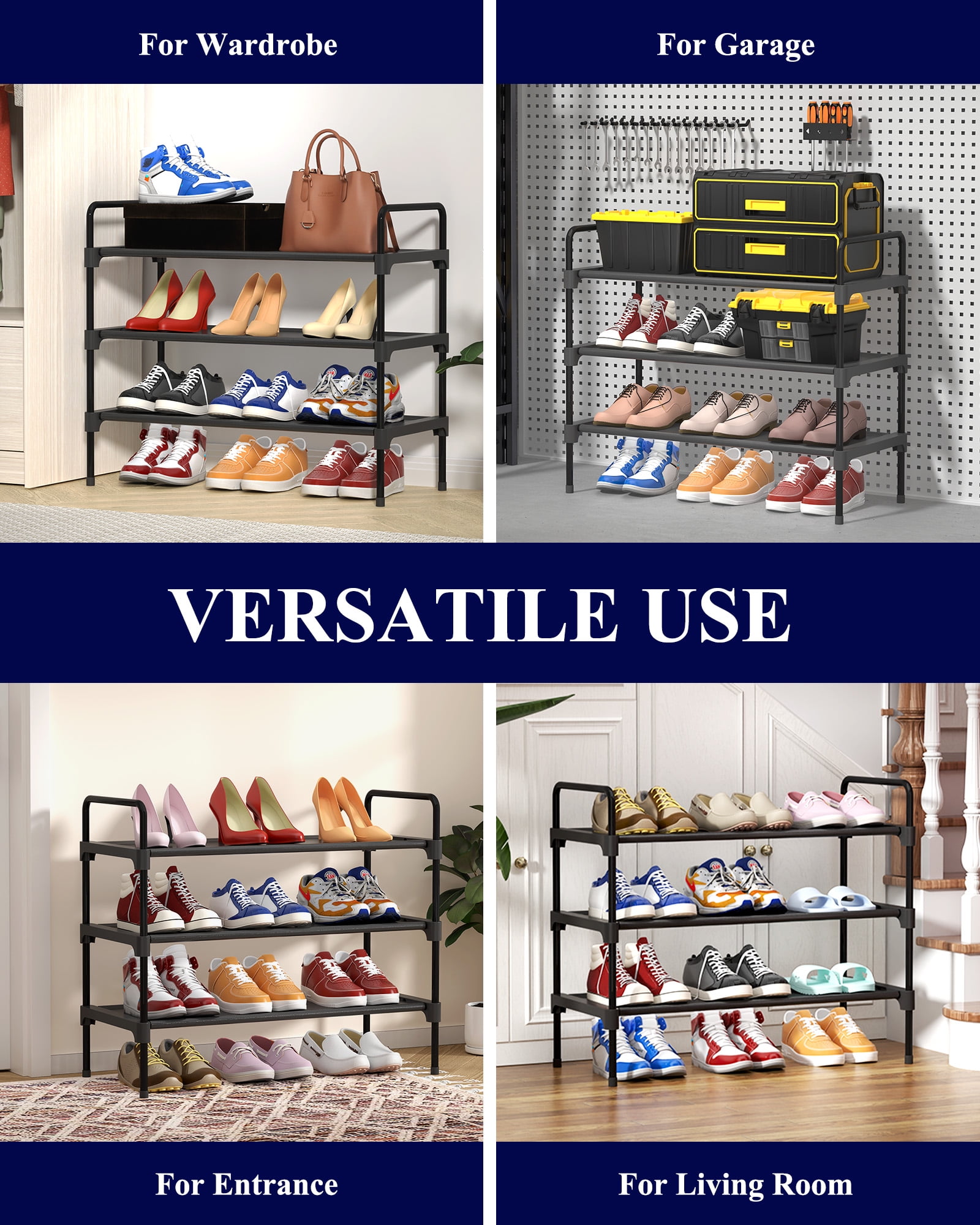 Kitsure 3-Tier Shoe Rack for Closet, Sturdy Entryway Shoe Organizer (Black, 27.6 in x 11.8 in x 22.6 in) i7yqp