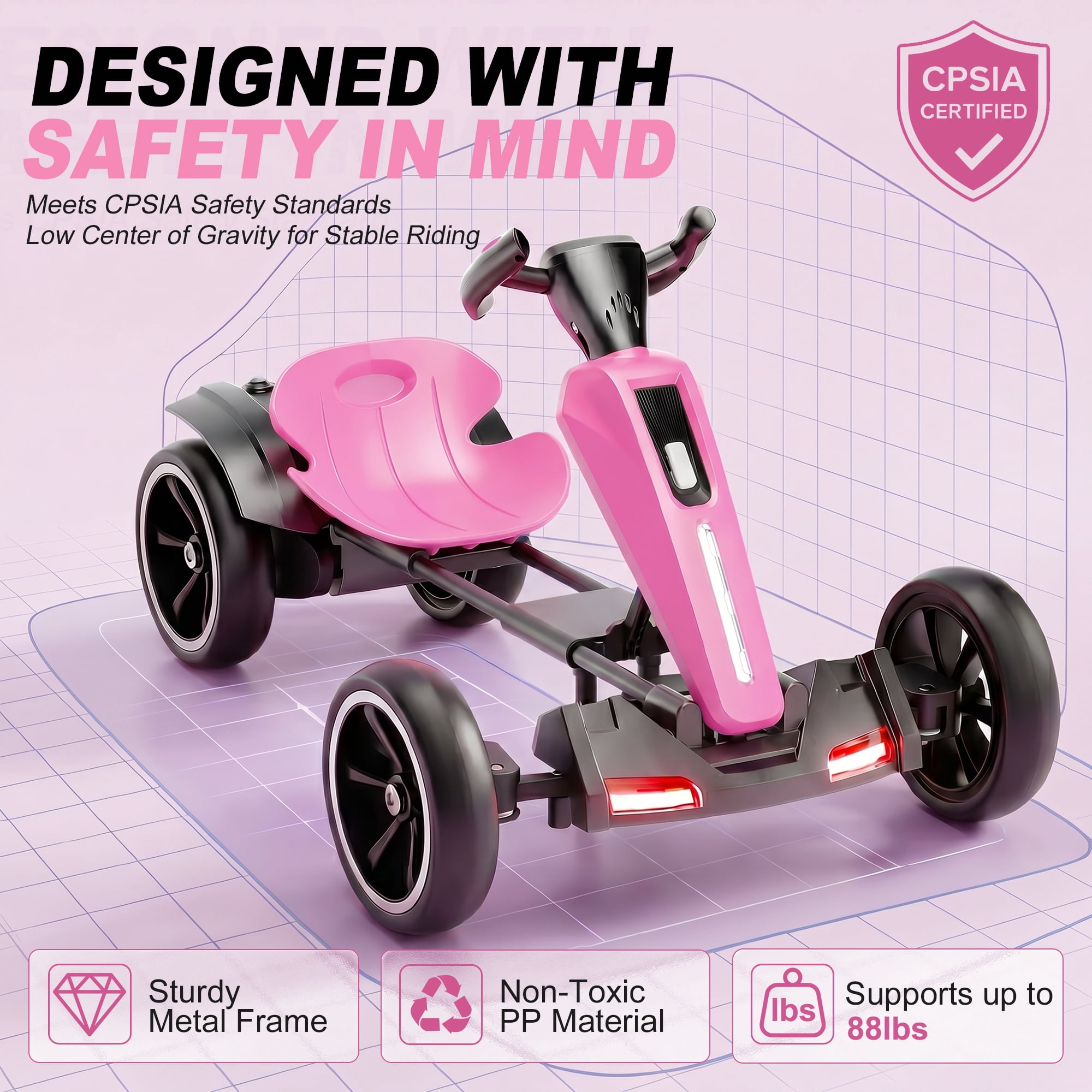 Holaki 12V Electric Go Kart for Kids, Battery Powered Ride-on Toy with LED Lights and EVA Wheels (Pink, 88 lb Capacity) ujaw5