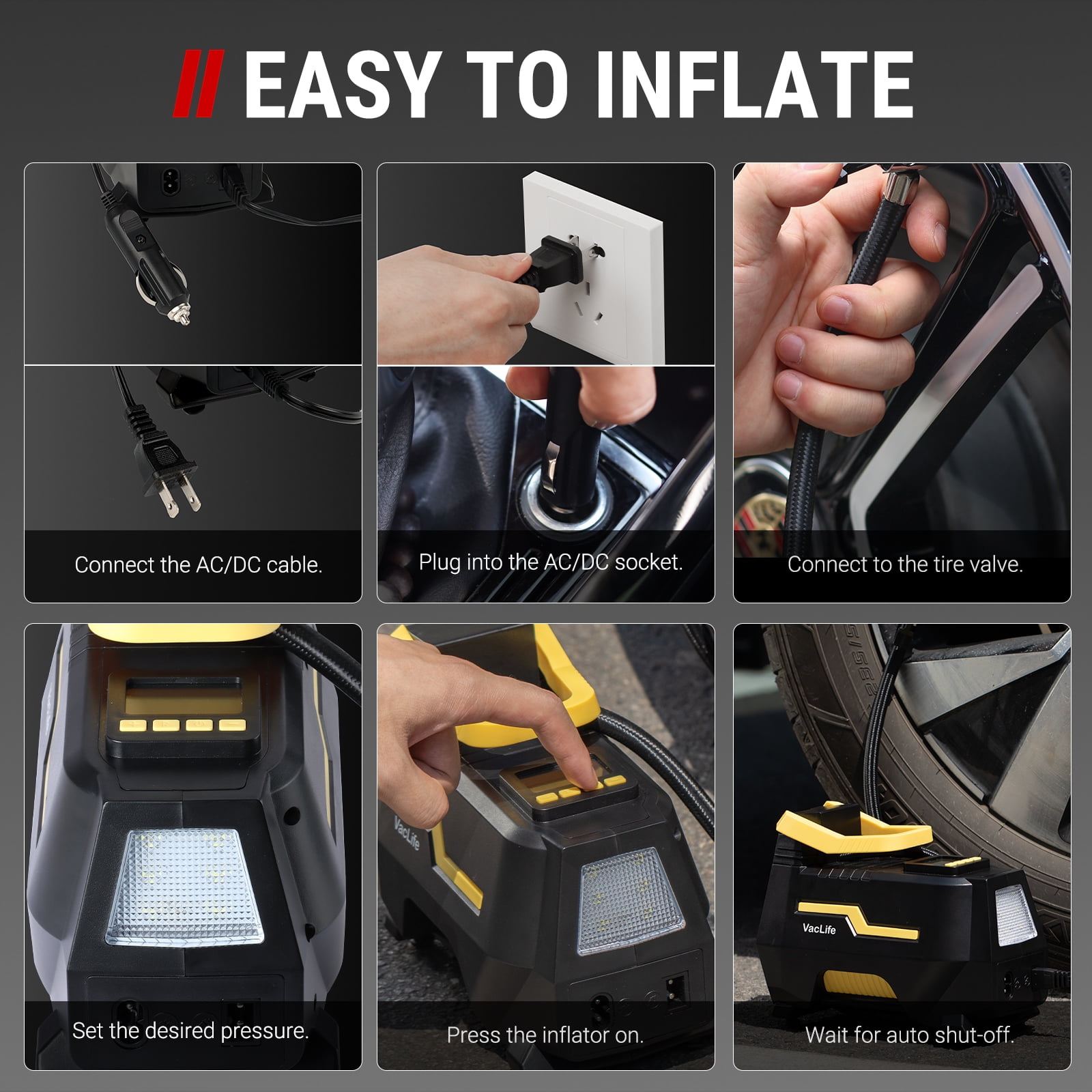 VacLife Portable Tire Inflator Air Compressor (Dual Power 12V DC/110V AC, Digital Display, LED Light, Auto Shut-Off) vpcbm