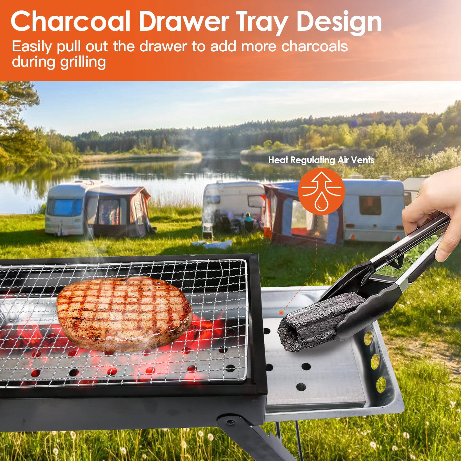 Zorpupoa Foldable Charcoal BBQ Grill Portable Stainless Steel Tabletop Grill for Camping and Outdoor Cooking (Black, 21.85x8.85x12 in) wrd1d