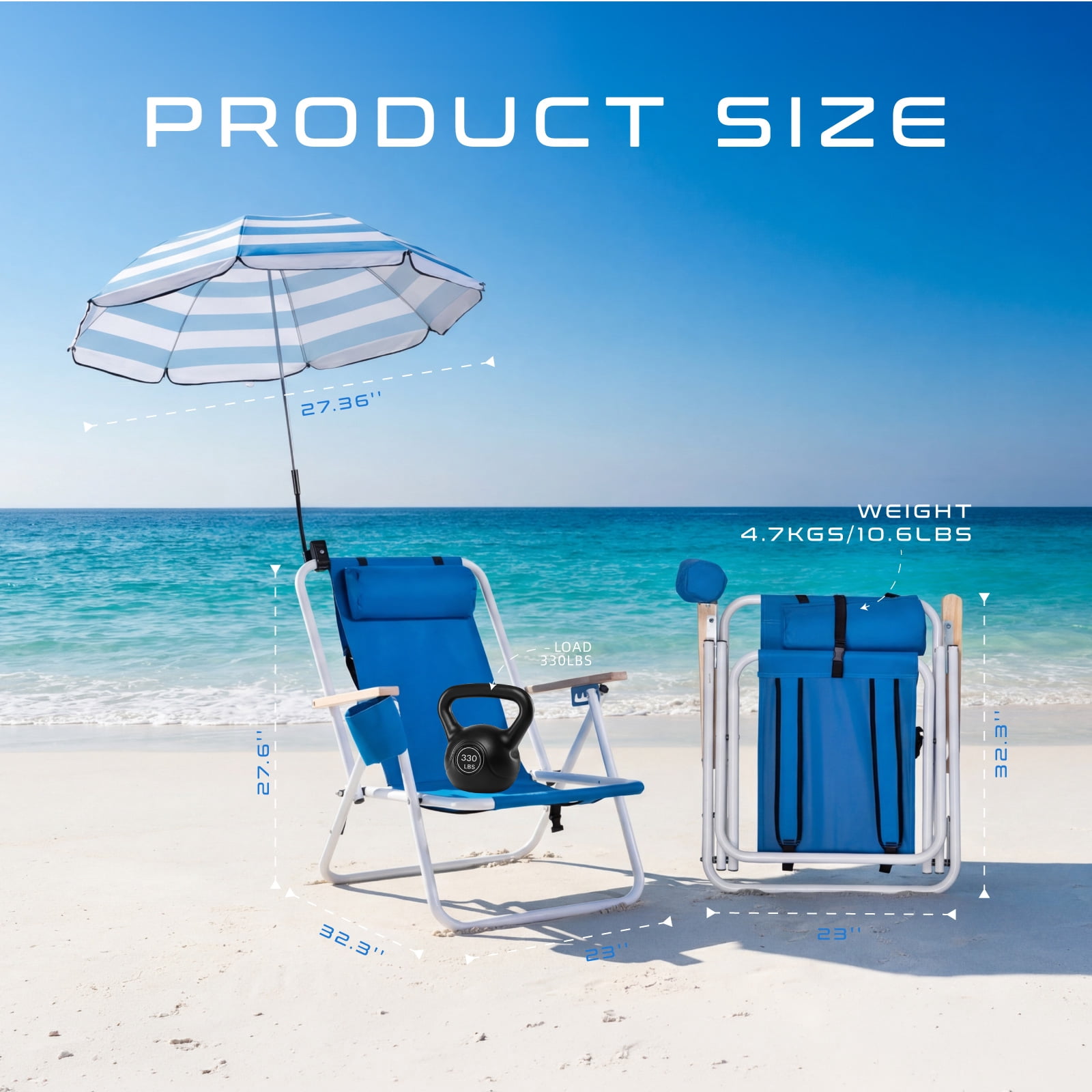 Vebreda Folding Beach Chair with Adjustable Umbrella, Heavy Duty Camping Seat (Blue, 32.3 in x 23 in x 27.6 in) w03in