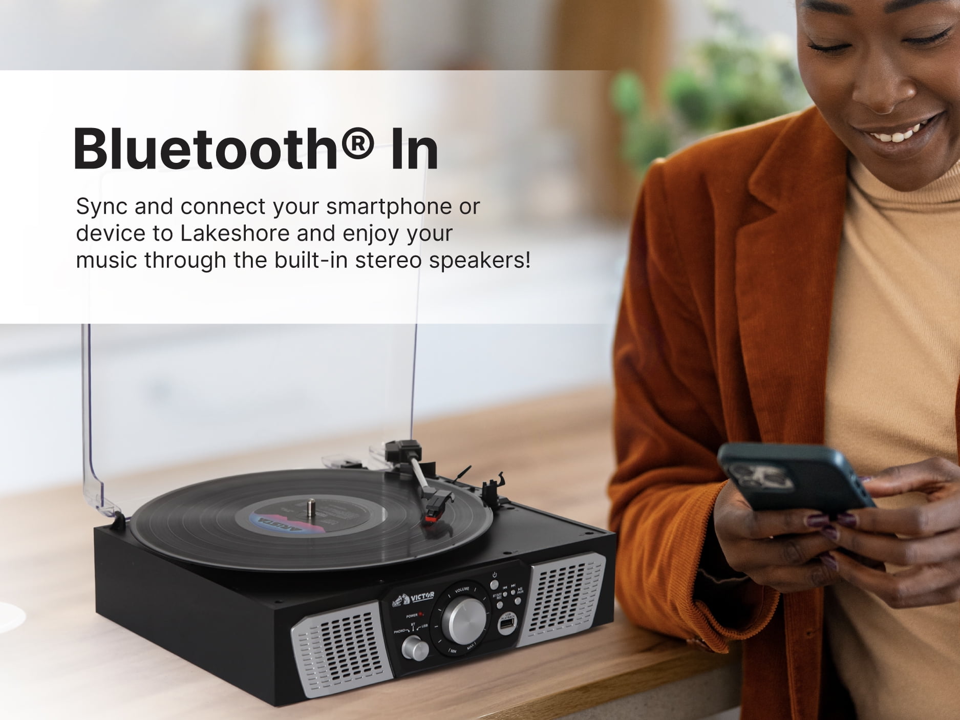 Victor Lakeshore 5-in-1 Turntable System with 3-Speed Record Player, Bluetooth, USB Recording, and Stereo Speakers (Black) 0k5pu