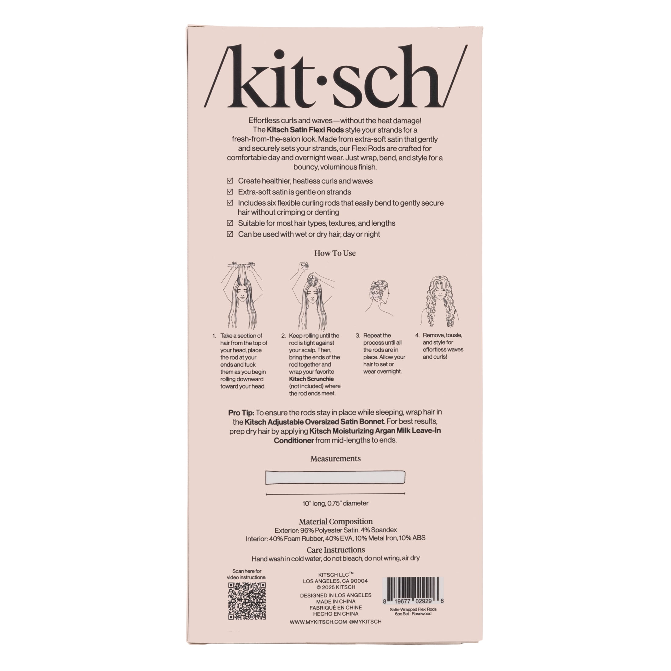 Kitsch Flexi Rods Heatless Hair Curler, Satin Covered Curling Rod (Rosewood, 6pcs) wtirl