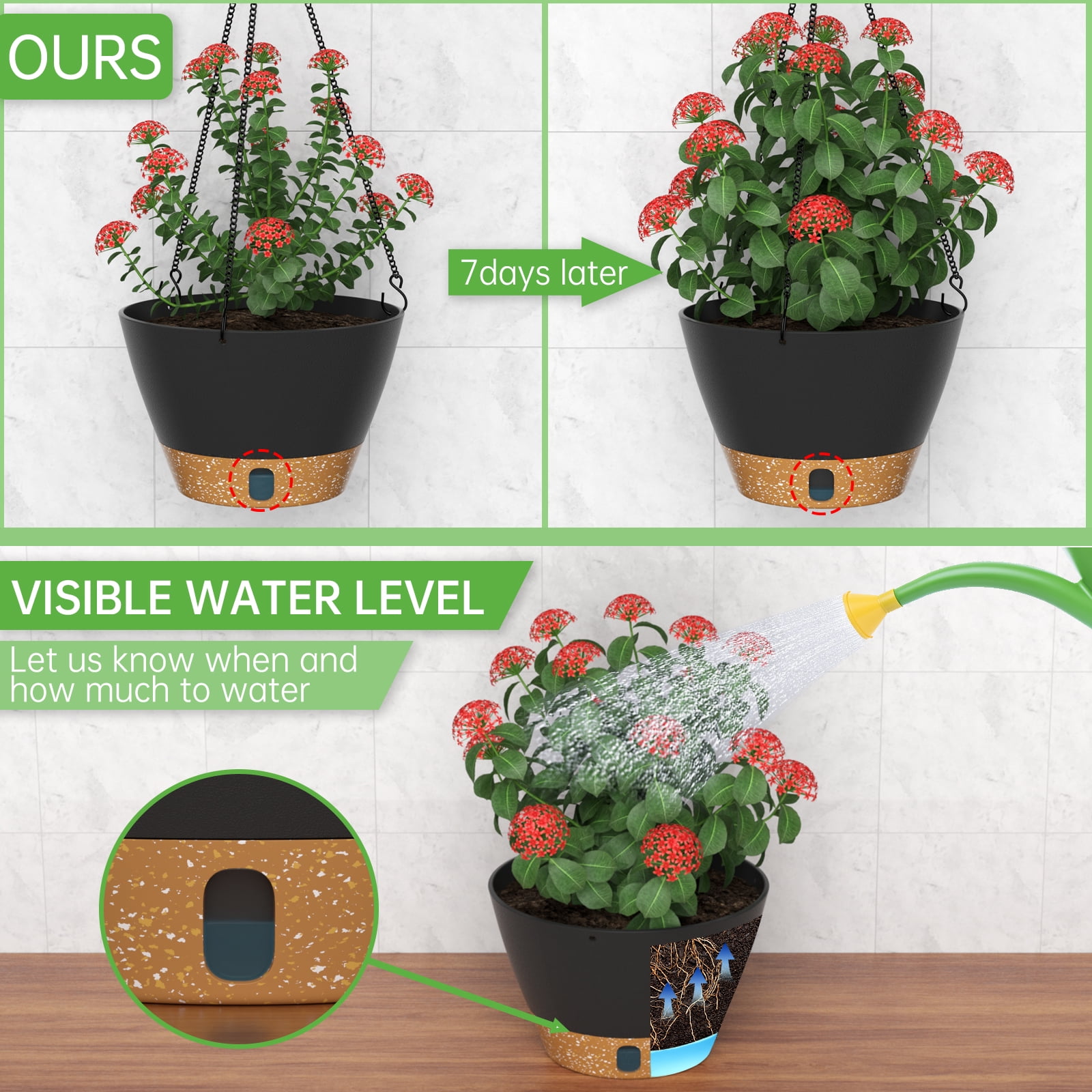 Fiason Self-Watering Hanging Planters with Drainage and Chain Hanger (Black, 8 in, 2 Pack) sup0q