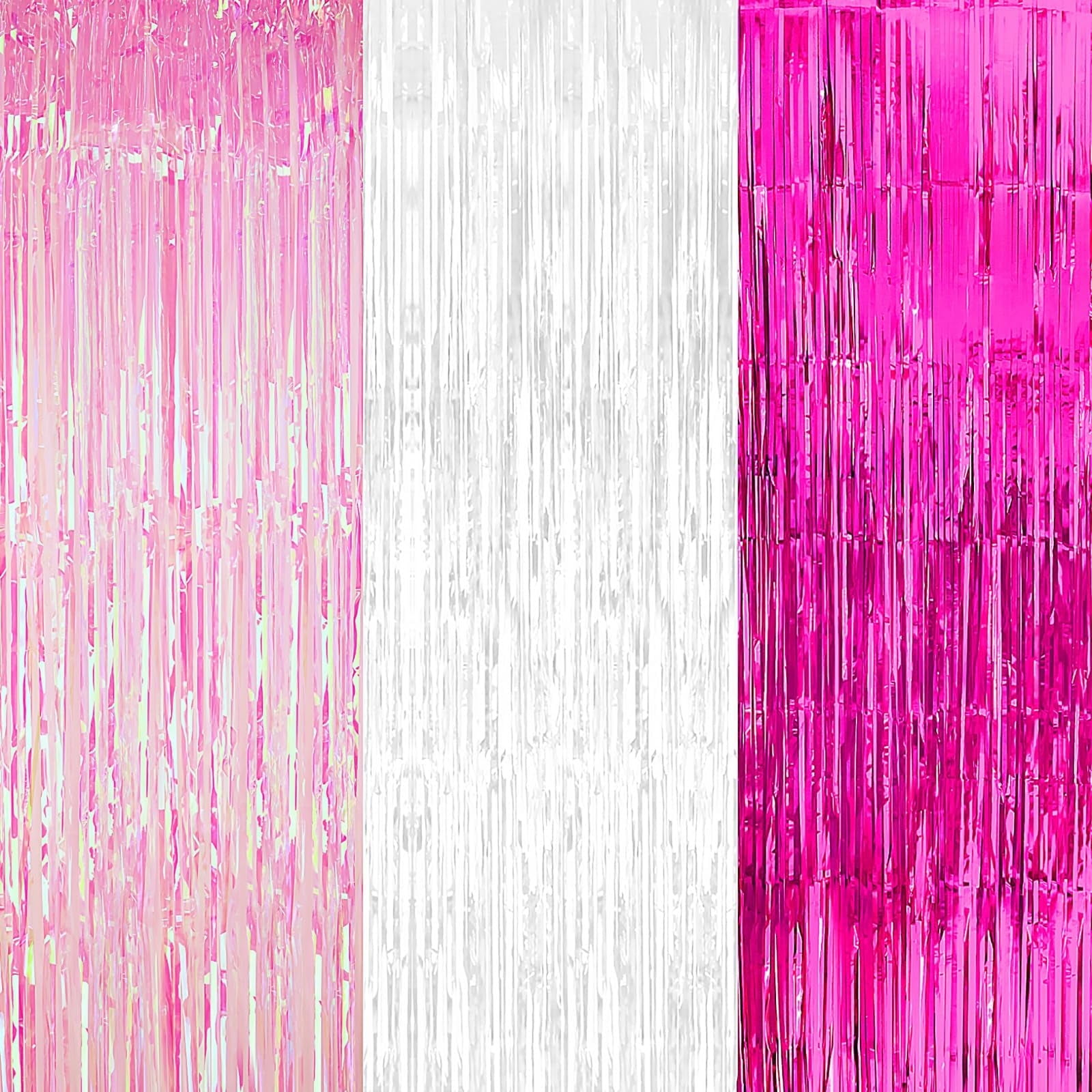 KatchOn Fringe Curtain Backdrop, Pink and White Tinsel Streamers for Party Decorations (3 Pack, 8 ft x 3.25 ft) 9luop