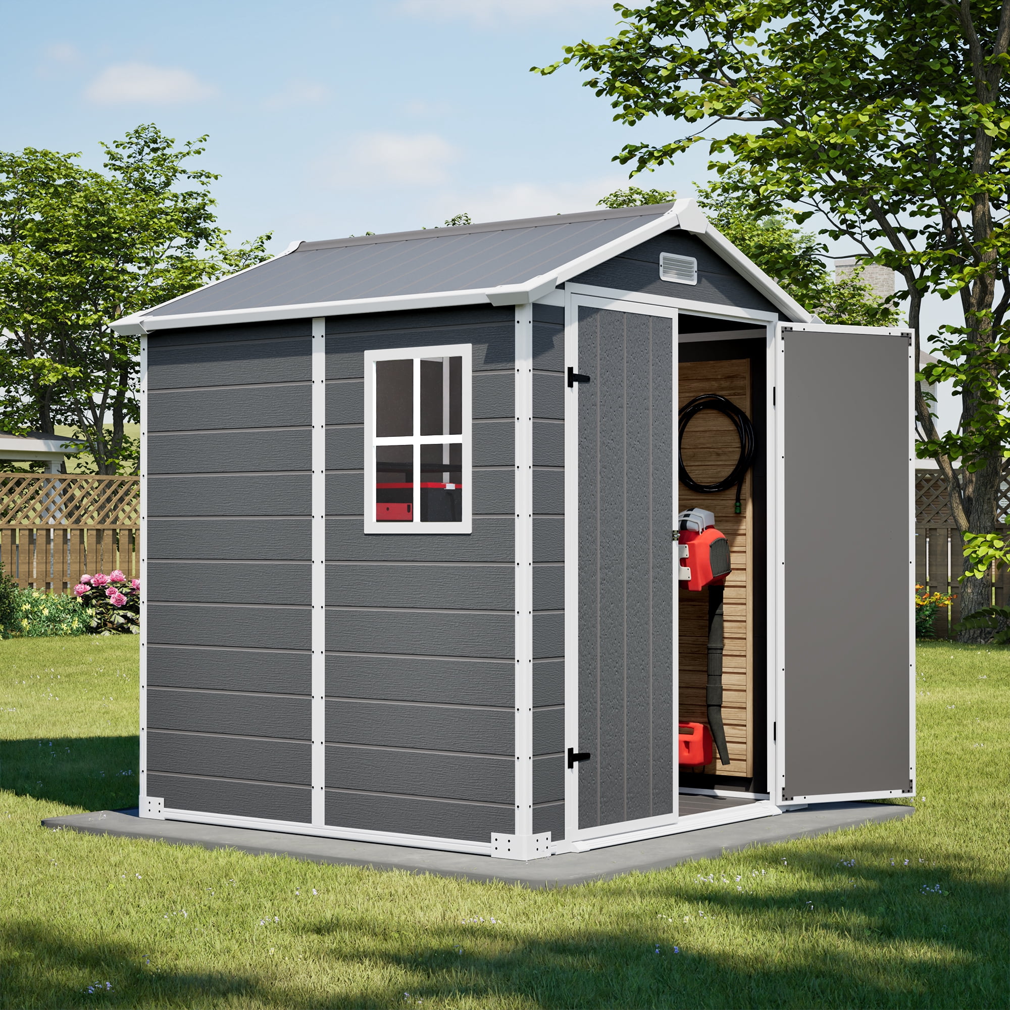 LZBEITEM 6 ft x 6 ft Outdoor Storage Shed, Weather-Resistant Resin Tool Shed with Heavy-Duty Floor and Lockable Doors (Grey, 205 cu.ft) sgccu