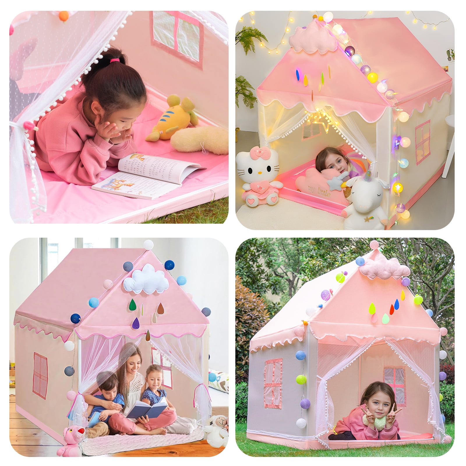 KEYAHAPPY Princess Playhouse Castle Kids Tent with Lights and Mesh Windows (Pink, 47.2 in L x 39.4 in W x 51.2 in H) 5blle