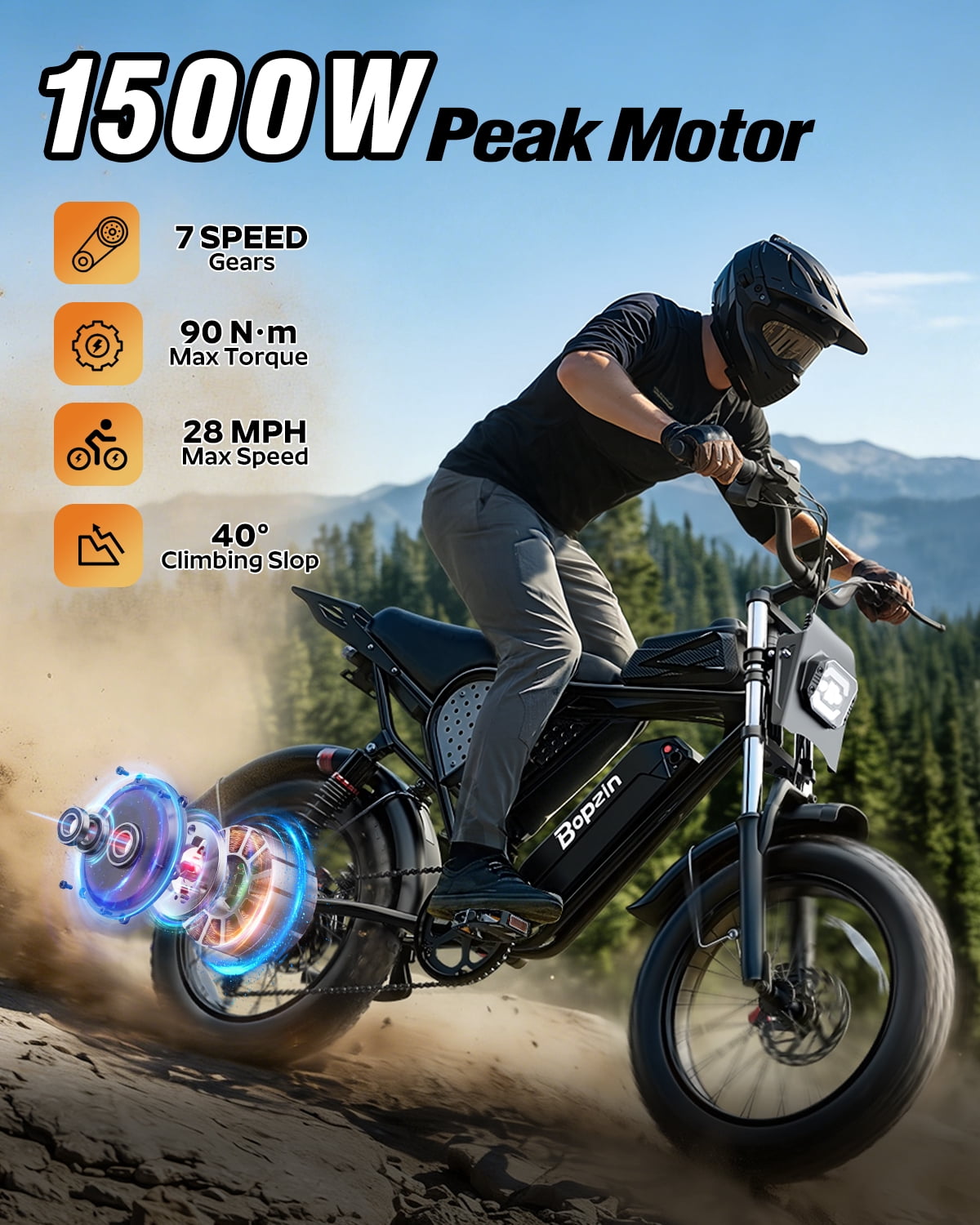 Bopzin Electric Mountain Bike for Adults, 1500W Motor, 48V 25Ah Battery, 20 in x 4.0 in Fat Tire E-Bike (Green, 88 lb) 3kiaz