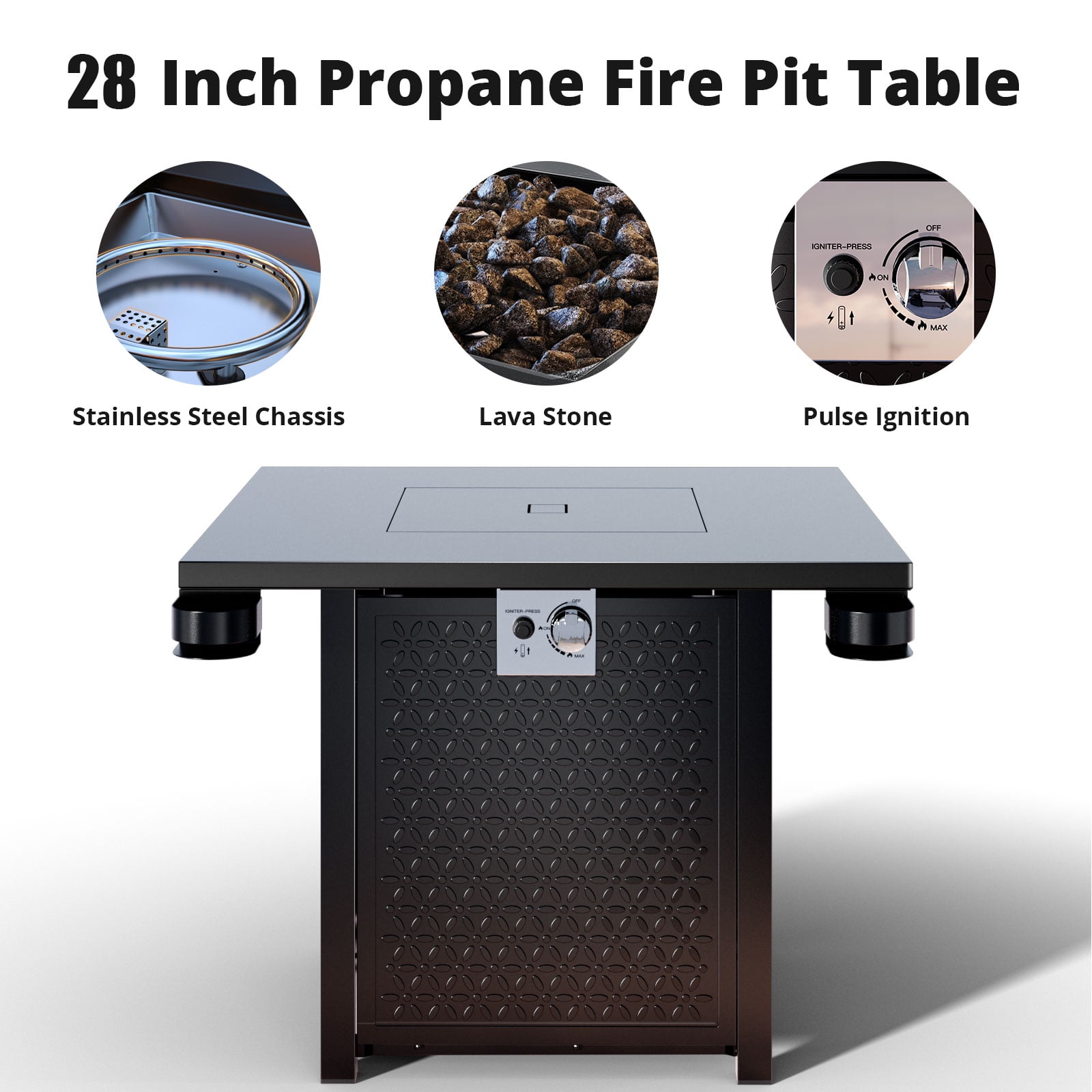 Philergo 28 Inch Propane Gas Fire Pit Table with Lid and Lava Rock (Black, 28 in) 5vdul