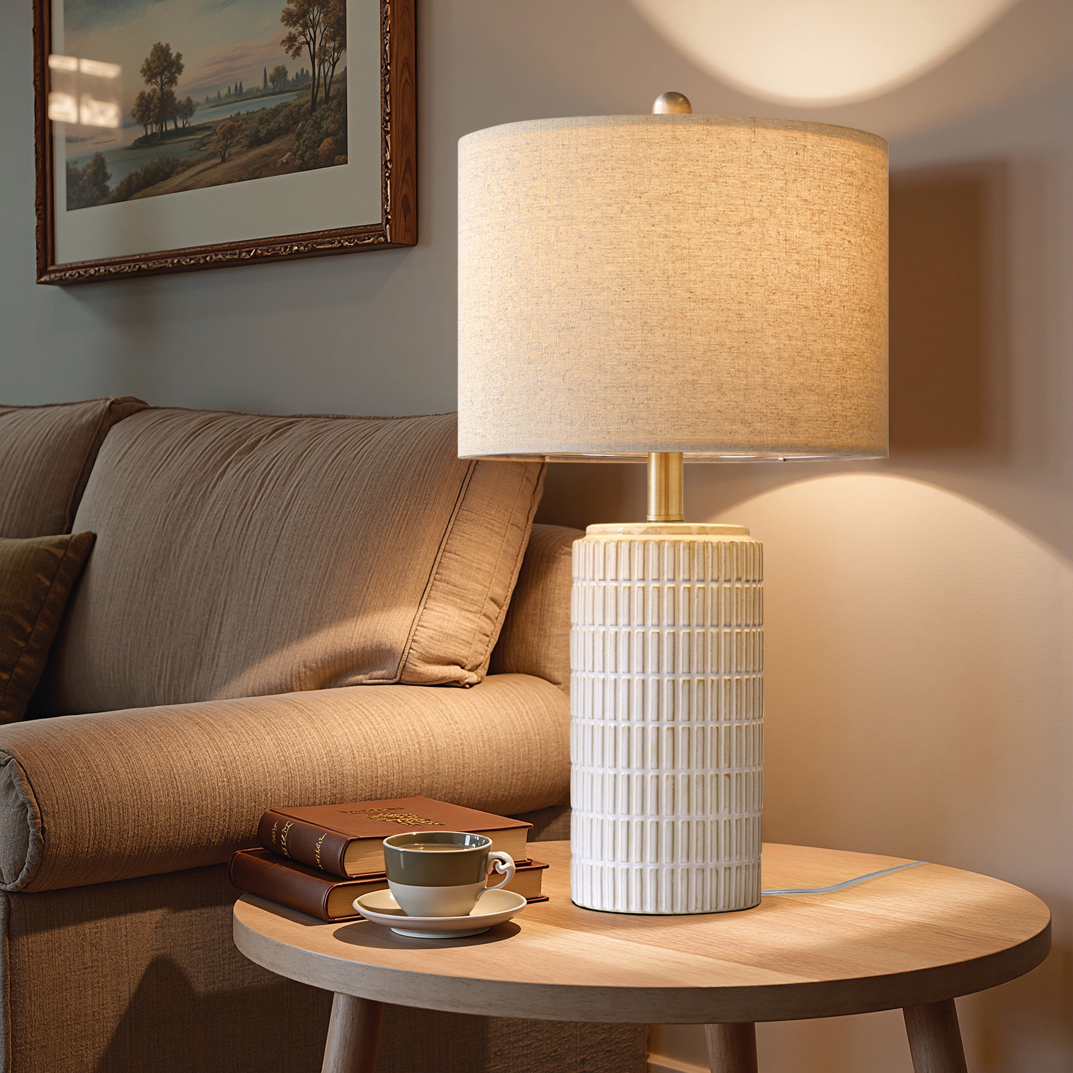 Oneach Ceramic Table Lamps Set of 2, Rustic Bedside Nightstand Lighting with Linen Shades (White, 23 in) 5a0kk