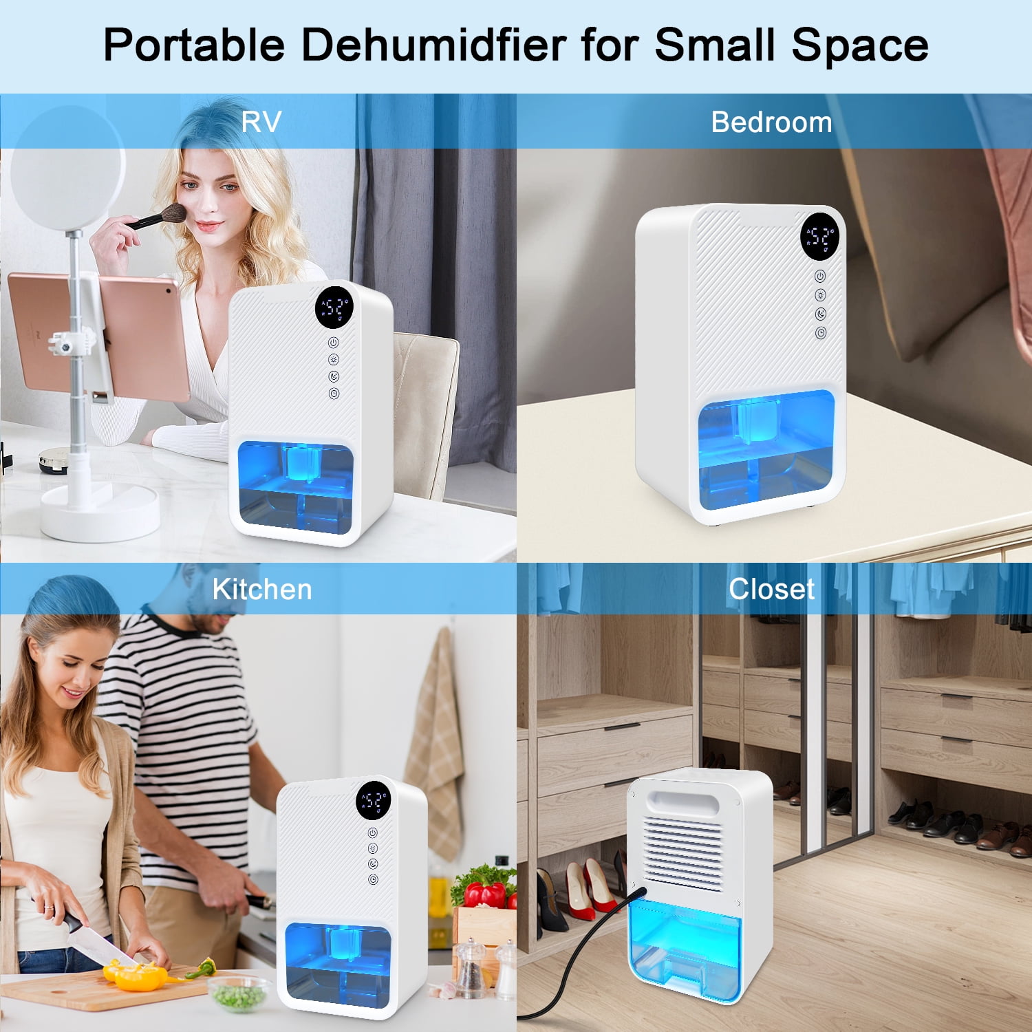 Zacenei Portable Dehumidifier for Home, Quiet Small Room Air Dryer with Auto Shut-Off & 7-Color LED (White) 3vbij