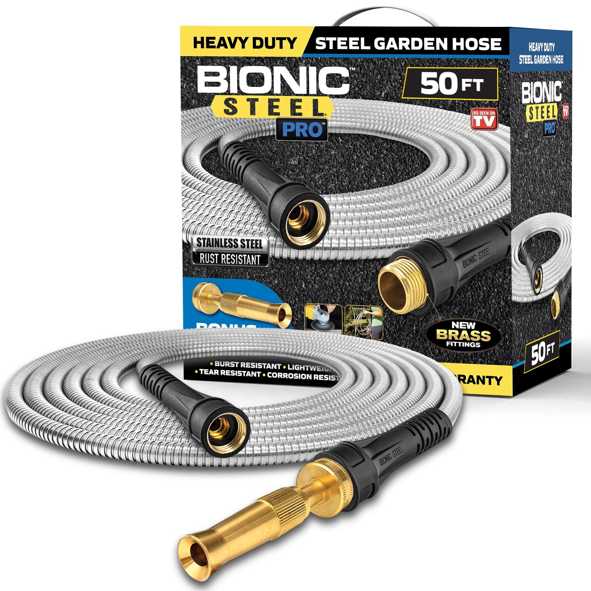 Bionic Steel Pro Garden Hose (Stainless Steel, 50 ft) Heavy Duty Kink-Free Outdoor Water Hose with Spray Nozzle kcxo6