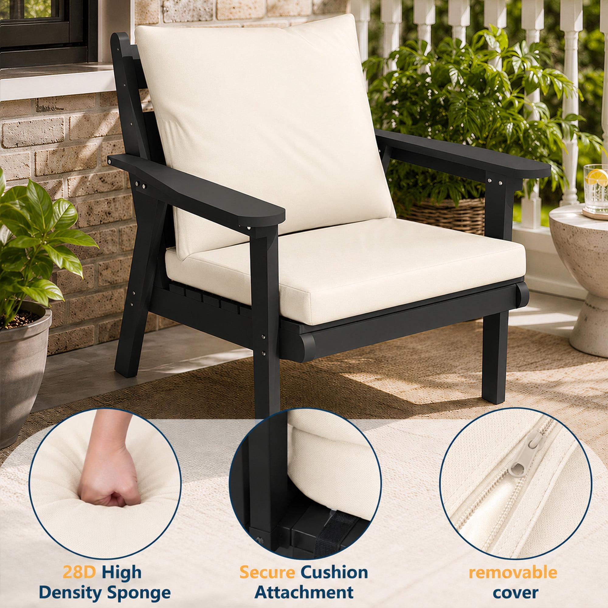 FOOWIN 4-Piece Patio Furniture Set, Weather-Resistant HDPE Outdoor Conversation Set with Cushions (Black Frame, Beige Cushion, 4-Piece Set) t7gph