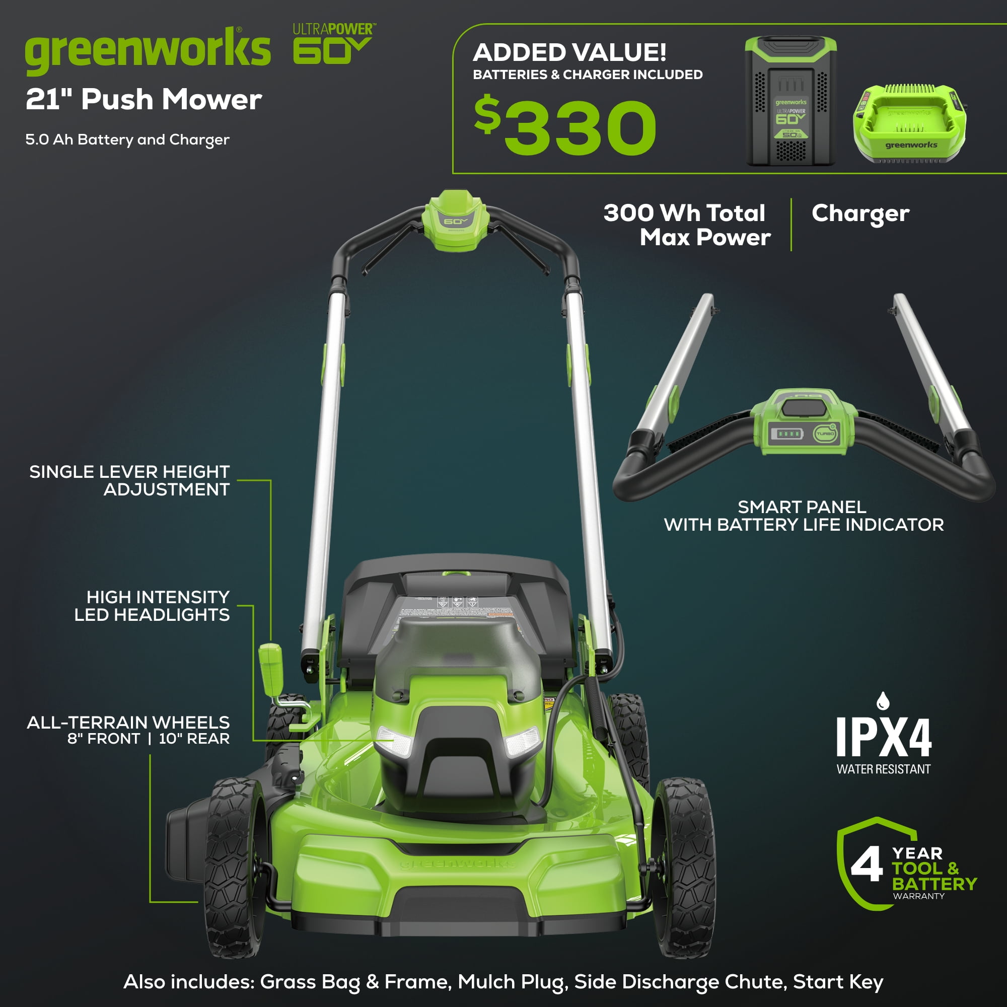 Greenworks 60V 21 in. Cordless Push Lawn Mower with 5.0 Ah Battery and Charger (Black, 21 in.) 2m0d8