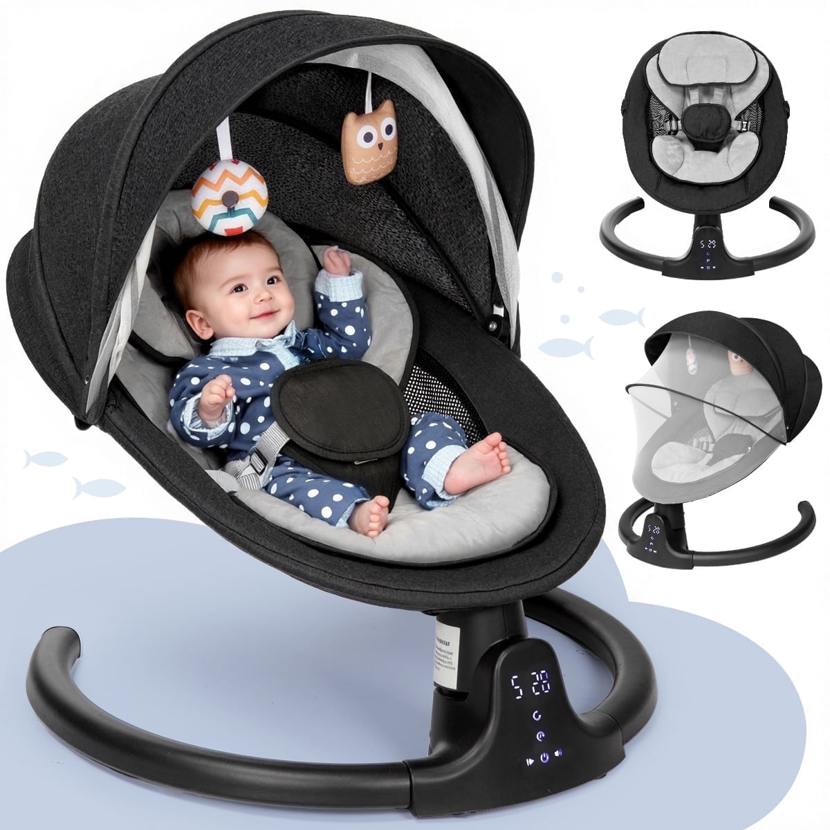 Caveen Electric Baby Swing for Infants, Bluetooth Music Bouncer Rocker with 5 Sway Modes and 5-Point Harness (Black, 24.41 in x 27.56 in x 20.87 in) jj9m7