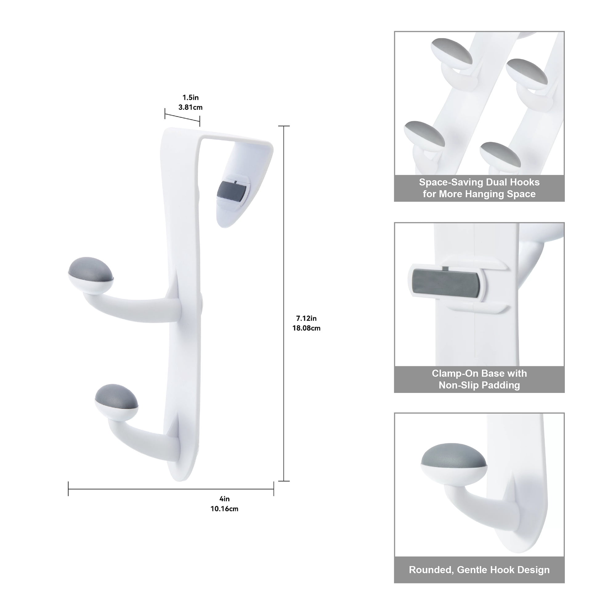Mainstays Over the Door Rubber Grip Hooks for Closet and Bathroom Storage (White, 2 Pack) l9uys