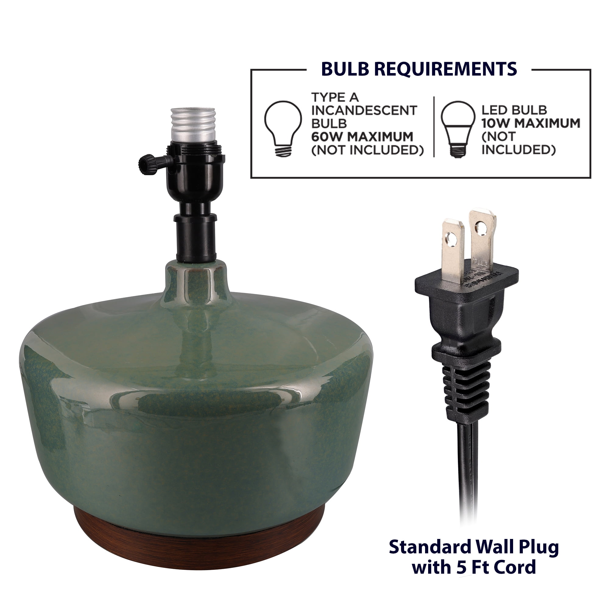 Better Homes & Gardens Modern Mid-Century Ceramic Table Lamp with Wood Base (Deep Green, 17 in) x50hl