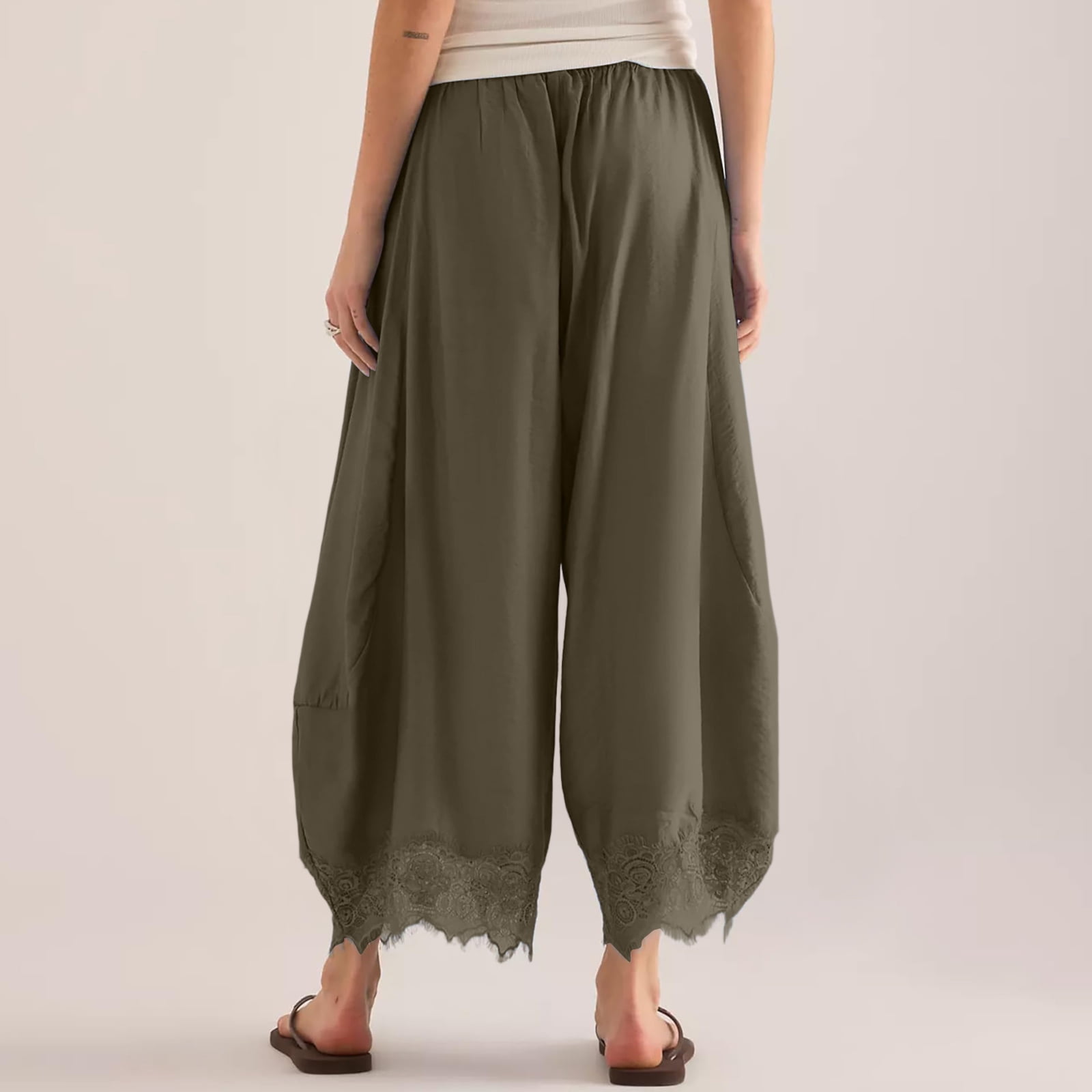 YOUNGEE Women's High Waisted Wide Leg Cropped Pants with Lace Hem and Pockets (Army Green, XL) gtg3o