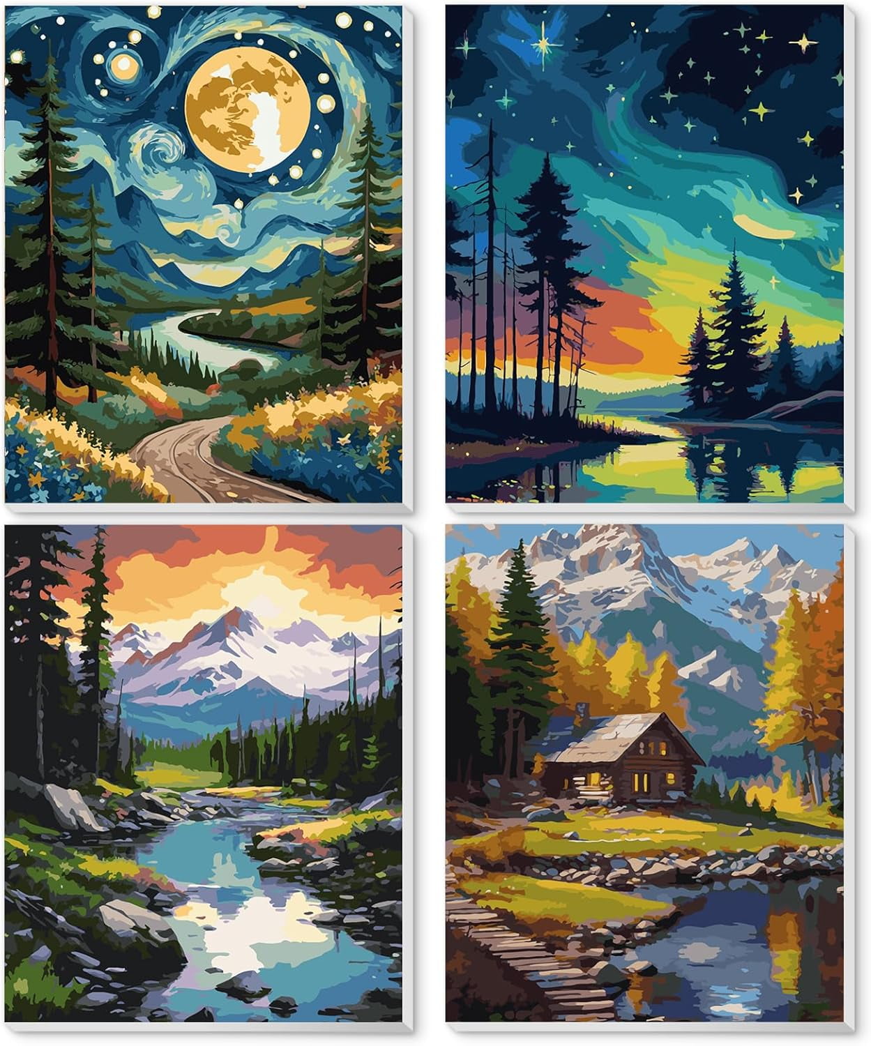 Qoosea Paint by Numbers Kit for Adults with Frame and Wooden Easel, DIY Landscape Art Set (4 Pack, 11.8 in x 9.4 in) wa0uo
